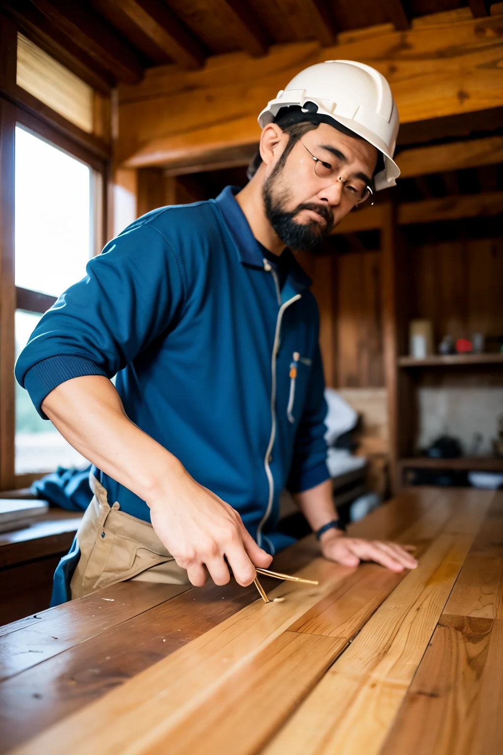 Construction site，hardhat，A worker，wood，incise，Foot on wood，Holding wood in hand，earnestly，rays of sunshine，professinal，brightly，Americanoreign people,foreign，stooped，Handmade，Tools in hand，earnestly，trabalhado，exteriors，earnestlytrabalhado，Eyes looking at the board，stabilize，stooped，Bend down，male people，Vicissitudes，lbeard，Sideways photo，Lateral face,filigree，Hand details，Perfect light and shadow，Sharp eyes，treat earnestly，一Tools in hand一手拿木材，foreigner，Looking at the wood under construction，A male people worker at Vicissitudes，grassy fields，The hand is holding tools while drilling into the wood，toolull body photo，mtu，male people