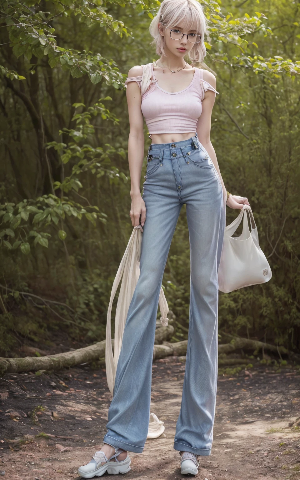 (8K, Masterpiece, RAW photo, Best quality, detail:1.3), (ultra realistic Natural background, scenary:1.5), Depth of field, Cinematic light, (ultra realistic face), (1 picture of 1 solo girl Airim Jones:1.6), 1girl, (Beautiful and elegant Russian girl), (skinny girl with glasses), (European face:1.3), (perfect complete full body:1.6), (full body shot including shoes:1.6), (small necklace, collarbone:1.1), ( [bangs|pigtails|bob|pixie] hair:1.5), (ultra detailed skin:1.4), (sexy [white|pink] top:1.6), (Baggy Jeans:1.6), (perfect standing pose:1.5), (perfect long legs:1.4)