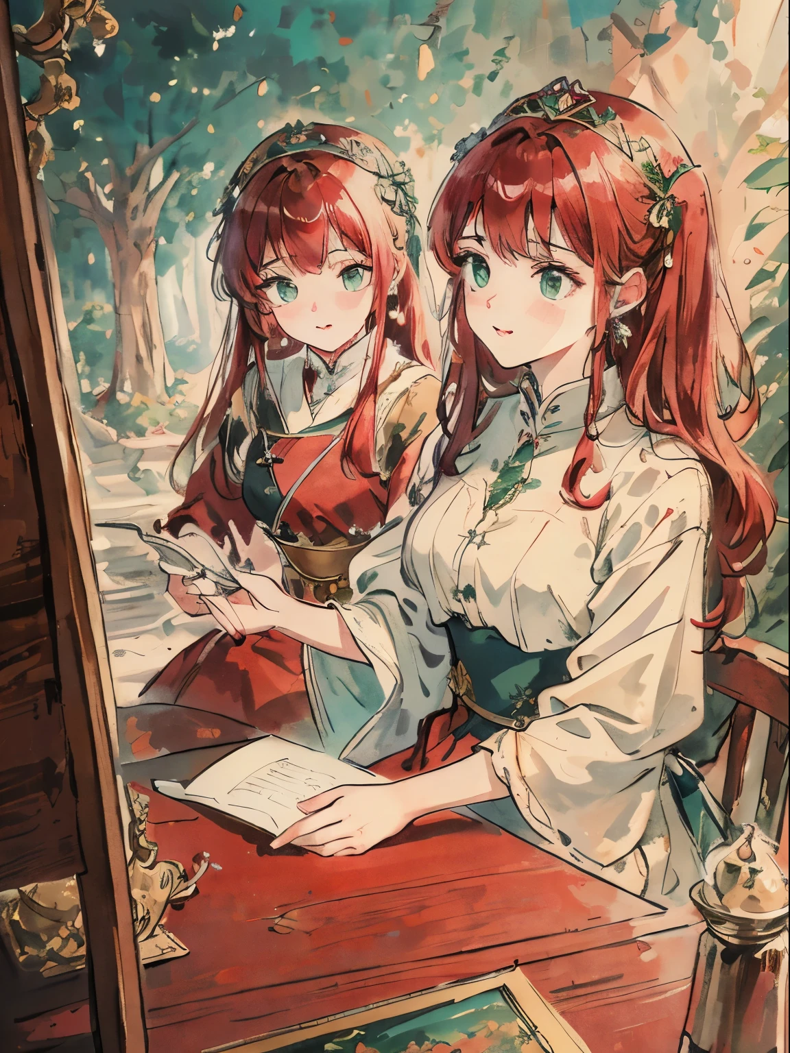 masterpiece, best quality, an extremely delicate and beautiful girl,an extremely delicate and beautiful, world masterpiece theater, ultra-detailed, highly detailed, best quality, red hair, highres, extremely detailed,2 girl, best quality, illustration, looking at viewer, impasto, canvas, oil painting, realistic, realist ,real, Green eyes, In castle, , vintage outfit. Twins