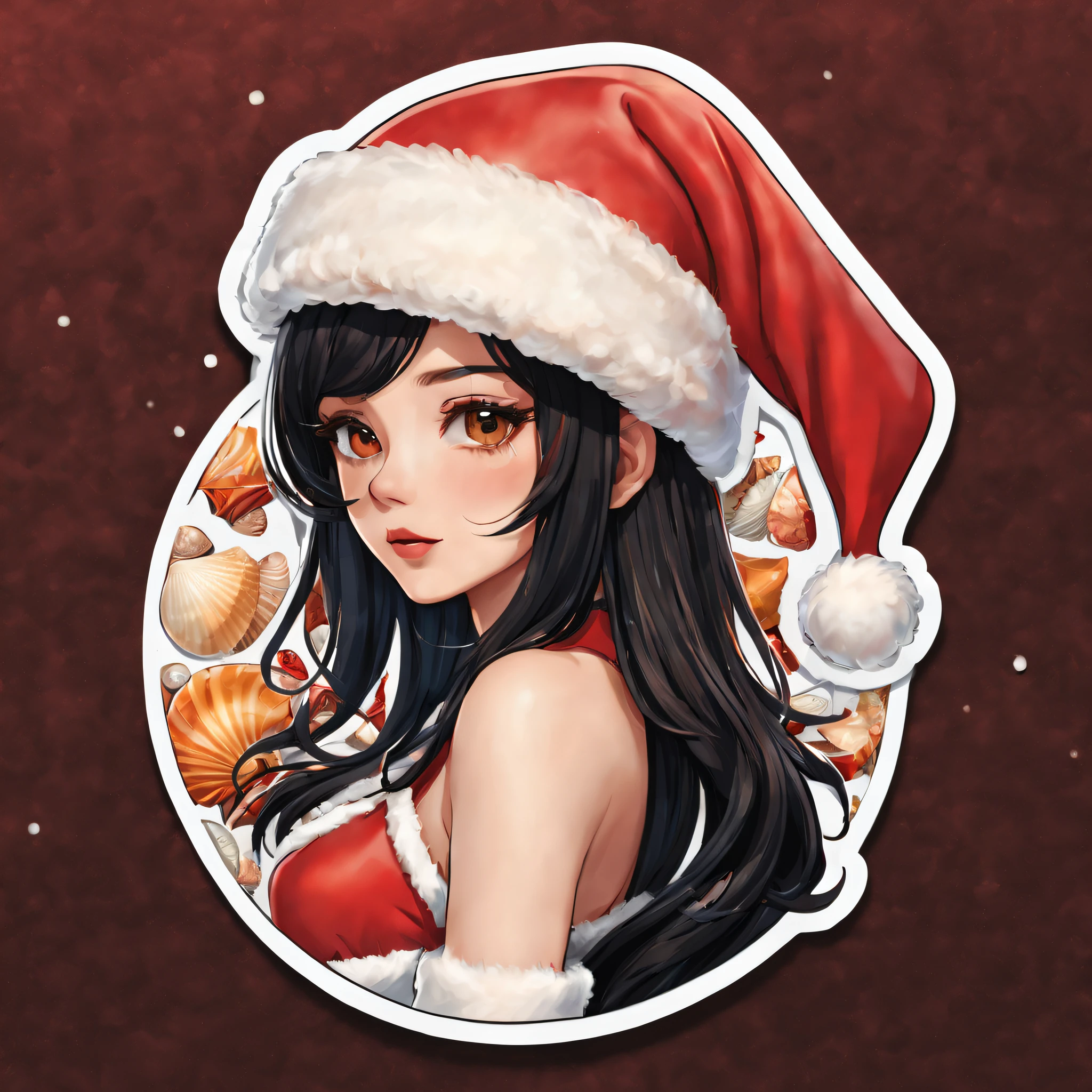 (One sticker,),(3D cartoon santa hat girl),glossy black hair,Slim, ellegance, shells around, (on a circular background), (Christmas border),, ultra - detailed, Detailed illustration, vectorized, 8K, 专业One sticker设计, Graphic design, vector lines, One sticker, Full-HD