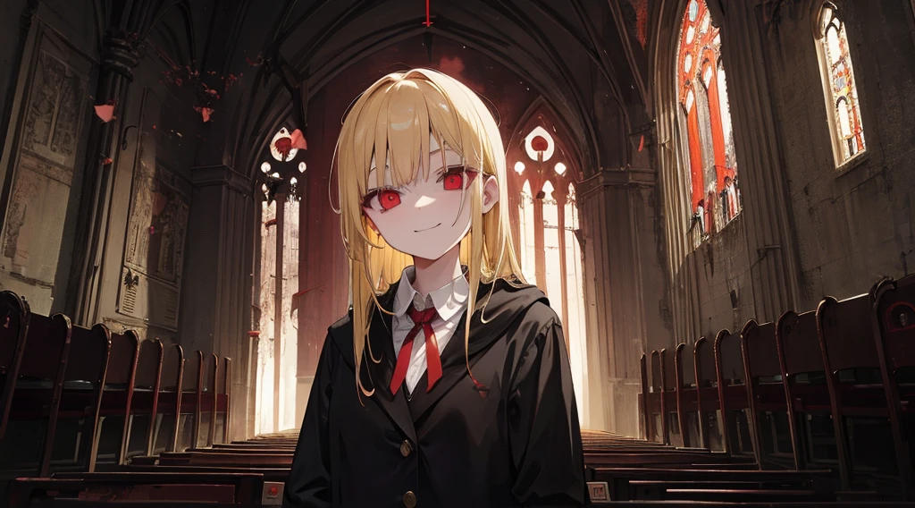 (sister, blonde hair, red eyes, creepy smile), (abandoned church, church at night)