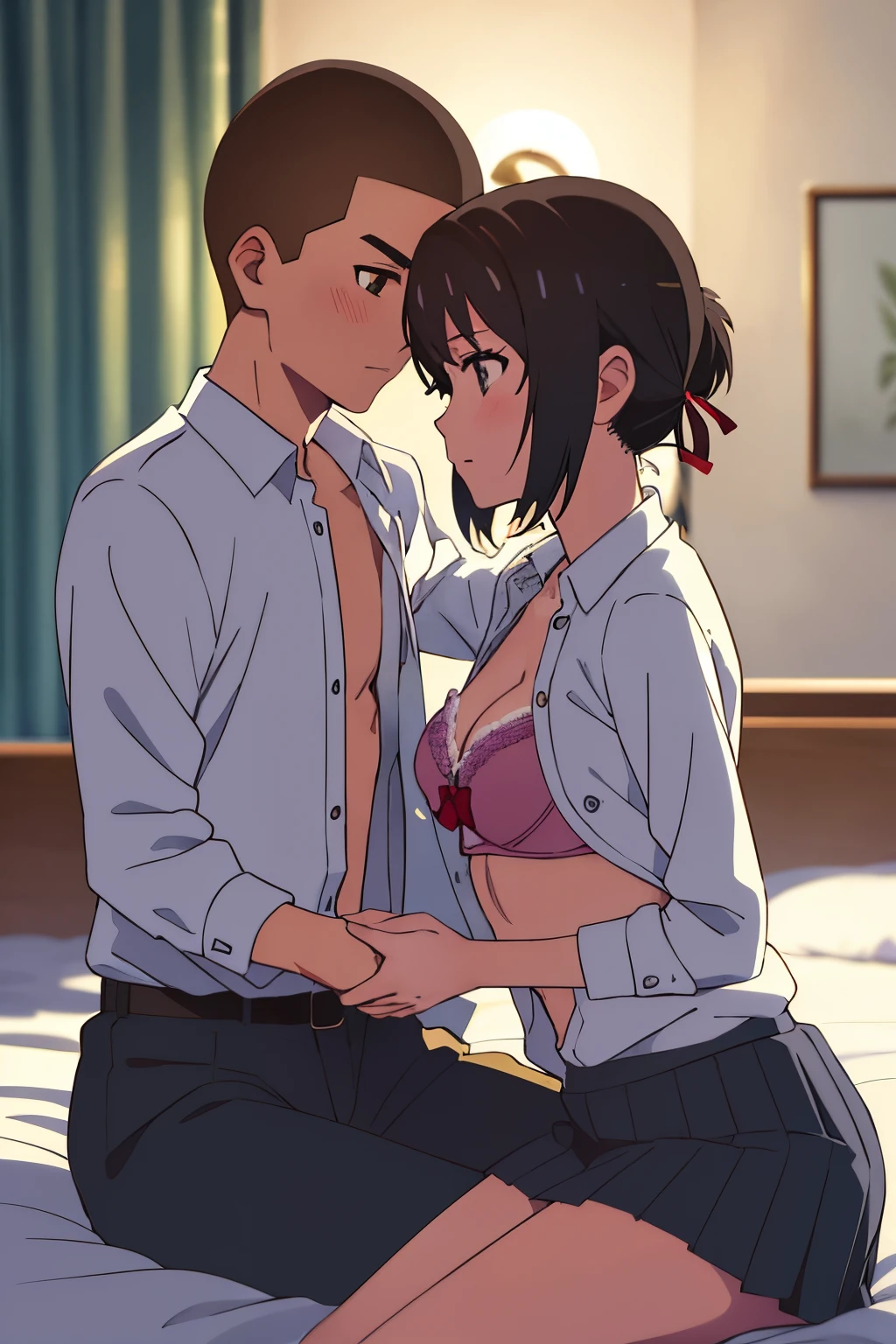 masterpiece:1.6, best quality), finely detailed beautiful eyes: 1.2), colorful, shinkai makoto, kimi no na wa., 1boy, buzzcut, muscular, brown eyes, nude, boy caressing girl's body, breast groping, breast grope, hold breast,1girl, black hair, small ponytail with red ribbon, short hair, blush, bow, brown eyes, collared shirt, long sleeve white shirt buttons, unbuttoned shirt, open shirt, pink bra lift up, medium breast, short skirt, indoors, sit, sitting on bed , bed,bedroom, lamp, cowboy shot, face to face