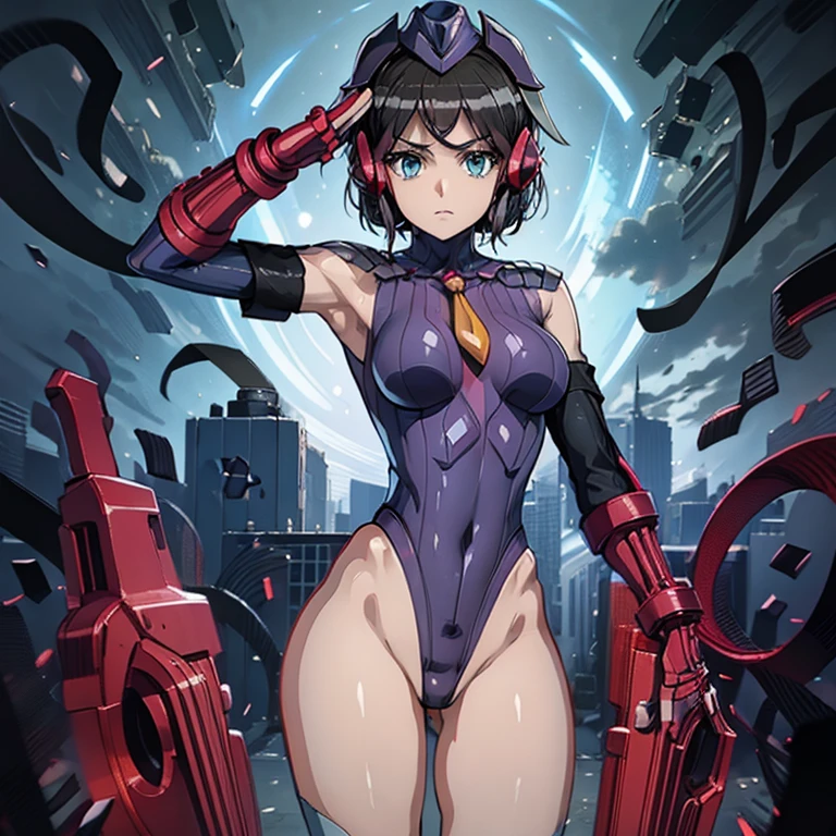 ultra-detailed, Explicit, Beautiful body, Beautiful Nose, Beautiful character design, perfect eyes, perfect face, ultra highres, 4K, beautiful legs, perfect legs, Nice hands, Perfect hand, Masterpiece, Best Quality, Highly detailed, illustration, absurdres, street fighter, doll suit, shadaloo doll, dollsuit, expressionless, blank eyes, looking at viewer, red gloves, emotionless, black latex, corrution, mind control, female combatant, full body, hypnotized, unhappy trance, full body suit, ribbed bodysuit, both arms at side, obey, perfect female body, extremely glossy latex, hypnosis, hypnoLora, empty eyes, Mind control device, poses, submissive_pose, Slave, hat, necktie, stand up straight, standing, standing at attention, hat, necktie, belt, latex, ribbed bodysuit, thighhighs, garter belt, Fighting Stance, extending the right arm from the shoulder into the air with a straightened hand, nazi saluting, military, military saluting, salute, thigh boots, 1girl, Kohinata Miku ShenShoujing, Senki Zesshou Symphogear, black hair, short hair, headgear, black hair, blue eyes