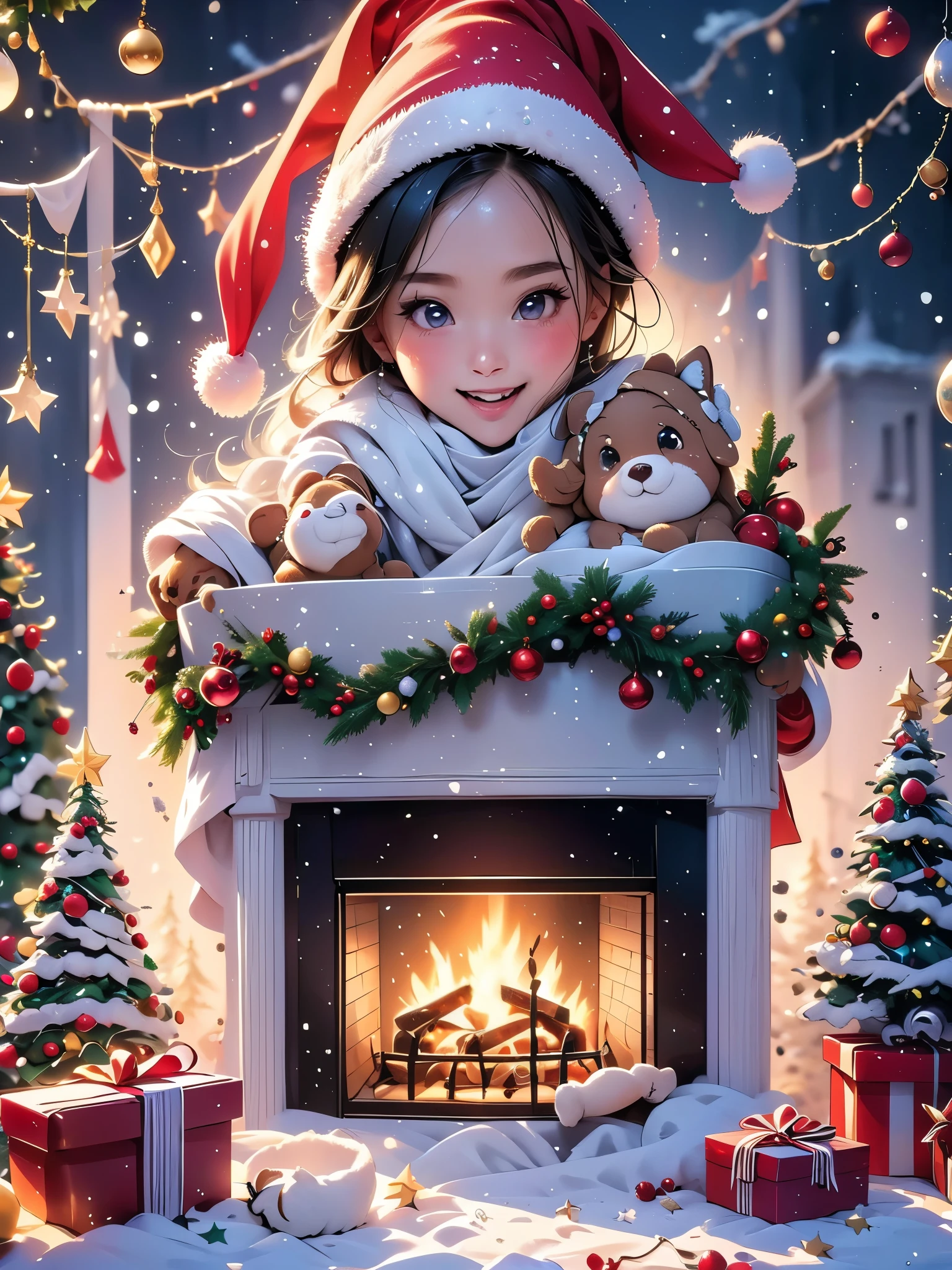 (best quality,4k,8k,highres,masterpiece:1.2),ultra-detailed,realistic,professional,vivid colors,bokeh,A 5-year-old girl opening a Christmas gift,studio lighting,painting texture,magic atmosphere,bright colors,happiness,detailed facial expression,joyful eyes,cute smile,excitement,sparkling lights,elegant wrapping paper,beautifully decorated Christmas tree,colorful ornaments,soft glowing candles,fluffy snow outside,warm fireplace,happy family celebration,cozy living room,magical Christmas Eve,enchanting spirit of Christmas,wonder and anticipation,festive atmosphere,decorative ribbons and bows,flying golden stars,fairy lights,twinkling decorations,belief in Santa Claus,delightful surprise,innocent wonder,memorable moment,snowflakes falling quietly,Merry Christmas!