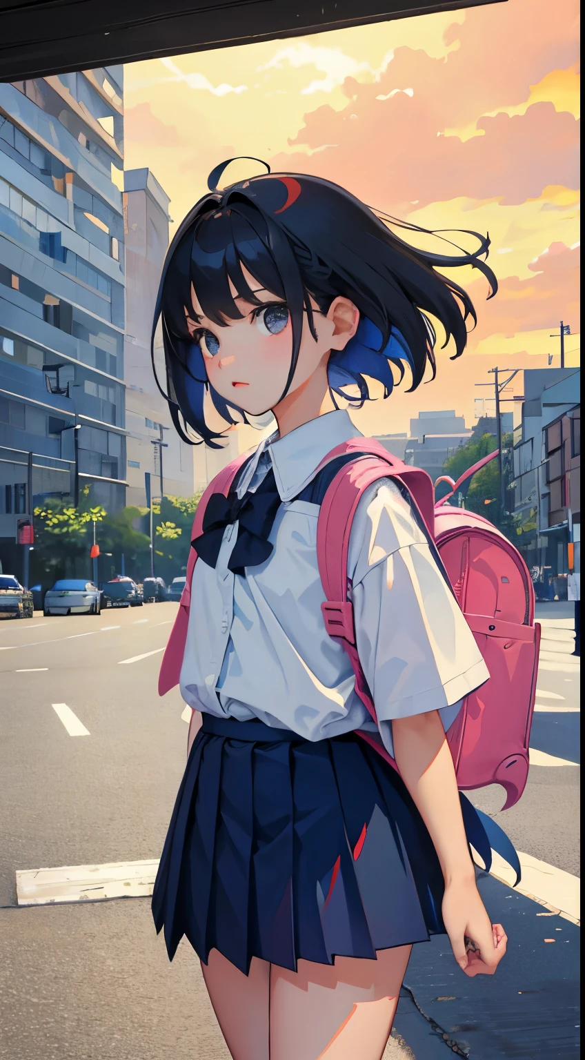 (child)，（​masterpiece，Highest Quality），backpack，Dark blue pleated miniskirt，shortsleeves，Twin-tailed，A dark-haired，Summer Classroom，The wind is blowing，a park