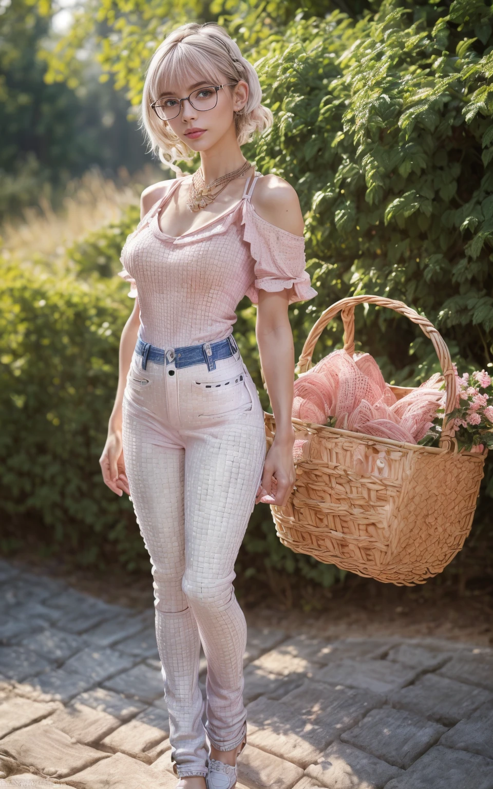 (8K, Masterpiece, RAW photo, Best quality, detail:1.3), (ultra realistic Natural background, scenary:1.5), Depth of field, Cinematic light, (ultra realistic face), (1 picture of 1 solo girl Airim Jones:1.6), 1girl, (Beautiful and elegant Russian girl), (skinny girl with glasses), (European face:1.3), (perfect complete full body:1.6), (full body shot including shoes:1.6), (small necklace, collarbone:1.1), ( [bangs|pigtails|bob|pixie] hair:1.5), (ultra detailed skin:1.4), (sexy [white|pink] top:1.6), (Basket Weave Detail Jeans:1.6), (perfect standing pose:1.5), (perfect long legs:1.4)