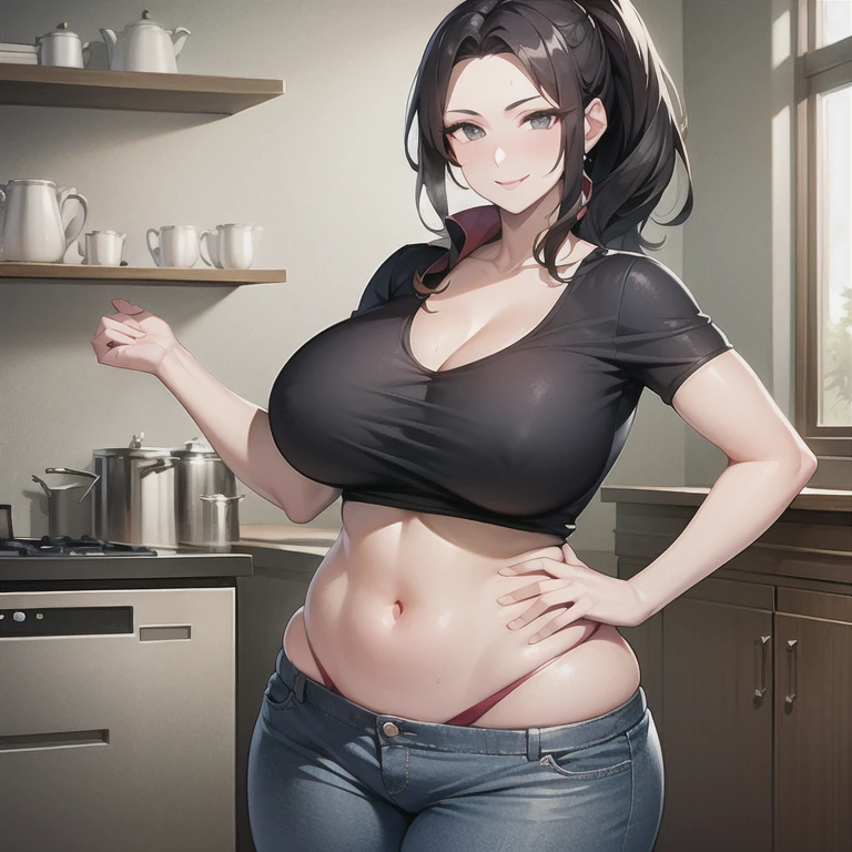 masterpiece, best quality, (realistic), 1girl, solo, mature female, milf, motherly, forehead, older, 42yo, huge breasts, narrow waist, wide hips, curvy, wide hips, (straight hair, long hair, high ponytail, dark hair, dark eyes, black t-shirt, cleavage, short sleeves, jeans, denim), standing, hands on hips, looking at viewer, smile, kitchen