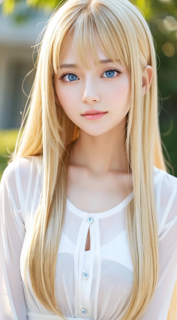 Authentic photo quality、Extraordinary sexy beauty、White Pretty Girl、Beautiful calm and bright expression、Sexy refreshing look、Perfect beautiful cute face with long bangs、Super long bright blonde straight hair、Beautiful facial hair、Very cute beautiful sexy young woman、Very perfect beautiful cute face、Very beautiful bright pale sky blue big eyes、very big eyes、White beautiful skin、Glossy skin、Gloss skin、Teak Gloss、Small face beauty