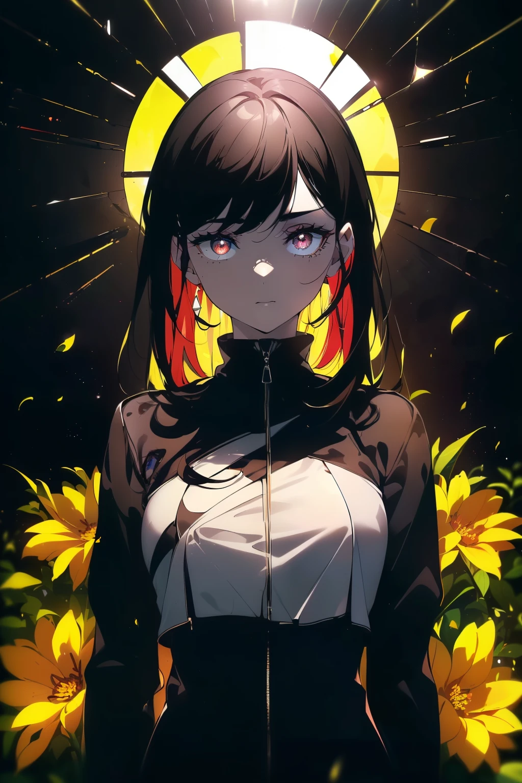 ((((Obra maestra, La mejor calidad, ultrahigh resolution)))), 1girl, standing, (((wearing a black tracksuit))), (long black hair in view, in frame), pale skin, ((brown eyes)), (glowing_eyes, luminescent eyes), (ultra detailed eyes:0.7, beautiful and detailed face, detailed eyes:0.9, beauty mark under right eye:1.5), ((centered)), smile, ((wide shot)), facing viewer, (((vibrant background of outdoors, field of flowers, bright lighting, summer, sunlight))), flat chested, looking at viewer, ((perfect hands)), ((head:1, hips, elbows, arms, in view)), ((hands behind back)), beautiful lighting, defined subject, (18 years old), ((cool looking)), ((sun glare))