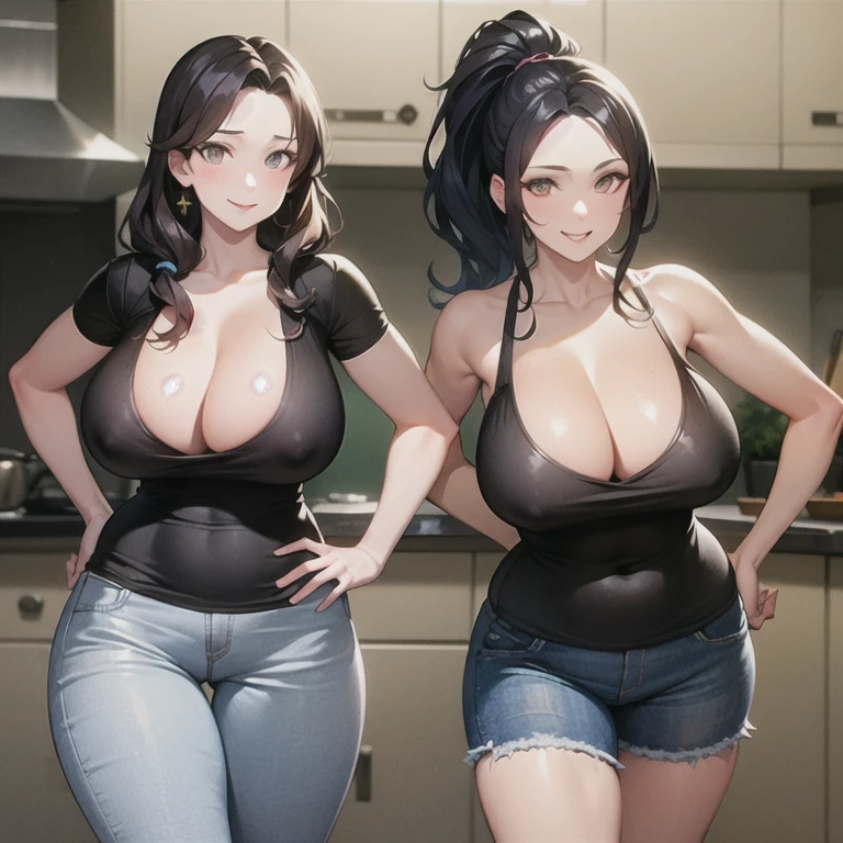 masterpiece, best quality, (realistic), 1girl, solo, mature female, milf, motherly, forehead, older, 45yo, huge breasts, narrow waist, wide hips, curvy, wide hips, (straight hair, long hair, high ponytail, dark hair, dark eyes, black t-shirt, cleavage, short sleeves, jeans, denim), standing, hands on hips, looking at viewer, smile, kitchen