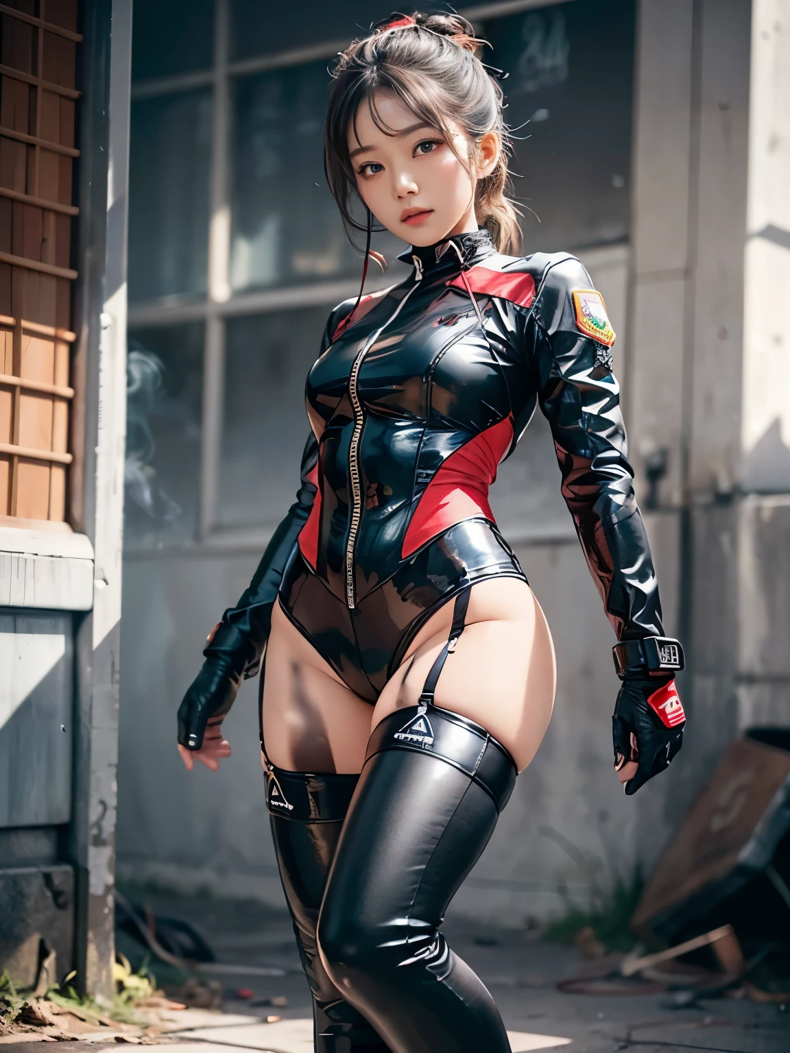 (1girl in:1.3), Solo, (((Very detailed face)))), ((extremely detailed eye and face)))), Beautiful detail eyes, Body parts__, Official art, Unified 8K Wallpaper, Beautiful and beautiful, Beautiful, masutepiece, Best Quality, Original, masutepiece, Super Fine Photo, Best Quality, 超A high resolution, Realistic realism, Sunlight, Full body portrait, Amazing beauty, Dynamic Pose, Delicate face, (Bright eyes when viewed from the front), She wears a combat suit, One-point color scheme of black and red, women military uniform, Very detailed abandoned warehouse background, Detailed face, Detailed complex busy background, Messy, Gorgeous, Milky White, highly detailedskin, Realistic skin details, Visible Pore, Clear focus, Volumetric fog, 8K UHD, High quality, Film grain, Fair skin, photorealisim, Lomography, futuristic dystopian giant metropolis, Explosion smoke,emergency siren,in battle with the enemy,tense look,Tense situation,Combat helicopter,Well-formed beauty Shishi Face,oriental,Korea person,Super beautiful girl in her teens,Energetic girl,Run through dangerous situations as a rescue worker,strong woman of will,strong woman,former mercenary,Martial arts,obligation: relief operation team leader,Clearing the blue sky,A precious girl who protects the holy war with a pure heart...,Transport the minimum necessary medical equipment,Angle photo from below,Rin, symbol of battle々Shishi Face,kawaii faces,CLC Eugene,ive&#39;s An Yujin, Commander,being thin,skinny body shape,Lower body is thin,The buttocks are very small,look around,Standing,