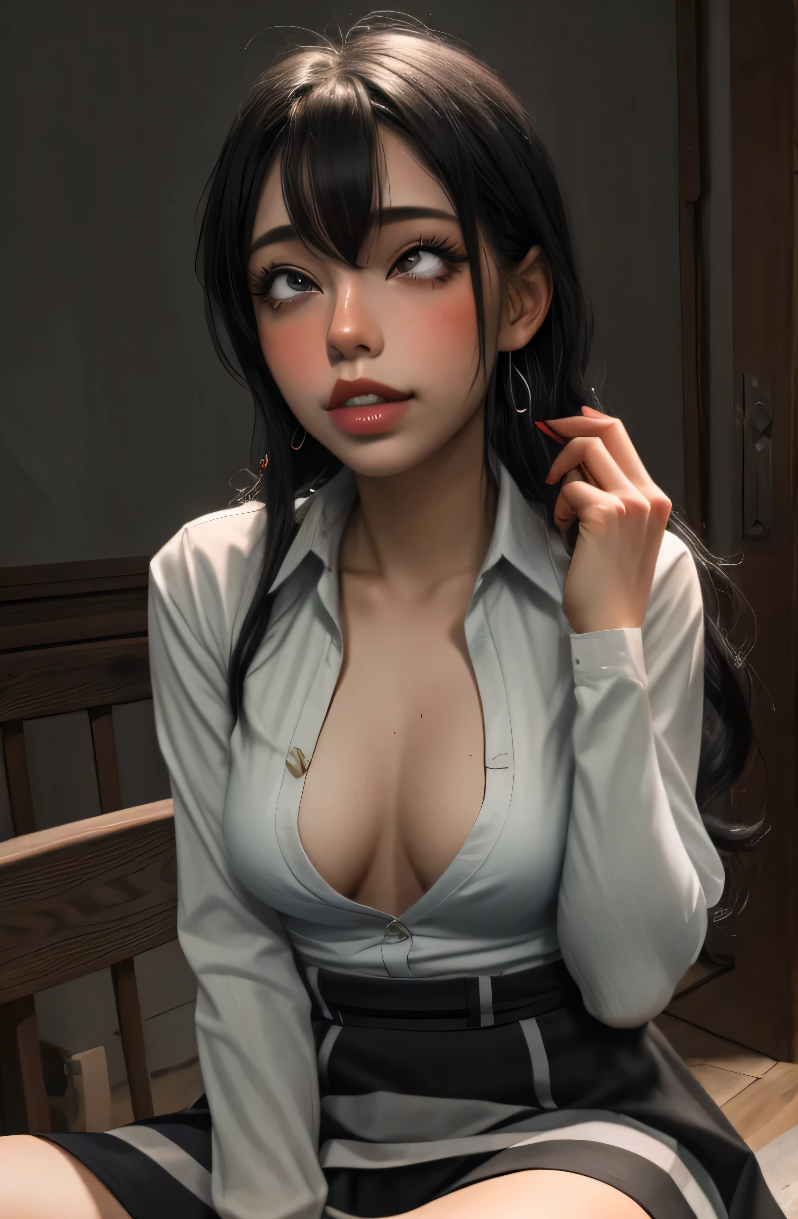 (full figure:1.1), (1 girl as yukino yukinoshita:1.5), highres, solo, big breasts, waist long black hair, (twintails:0.5), (pleated school miniskirt:1.5), (black knee socks:1.5), (loose red ribbon:1.2), (cotton skirt:1.5), (unbuttoned white shirt:1.4), (ahegao:1.5), green eyes, (rolling eyes:1.5), (torn clothes:1.5), (naked breasts:1.5), spread legs, (squatting:1.1), legs wide open