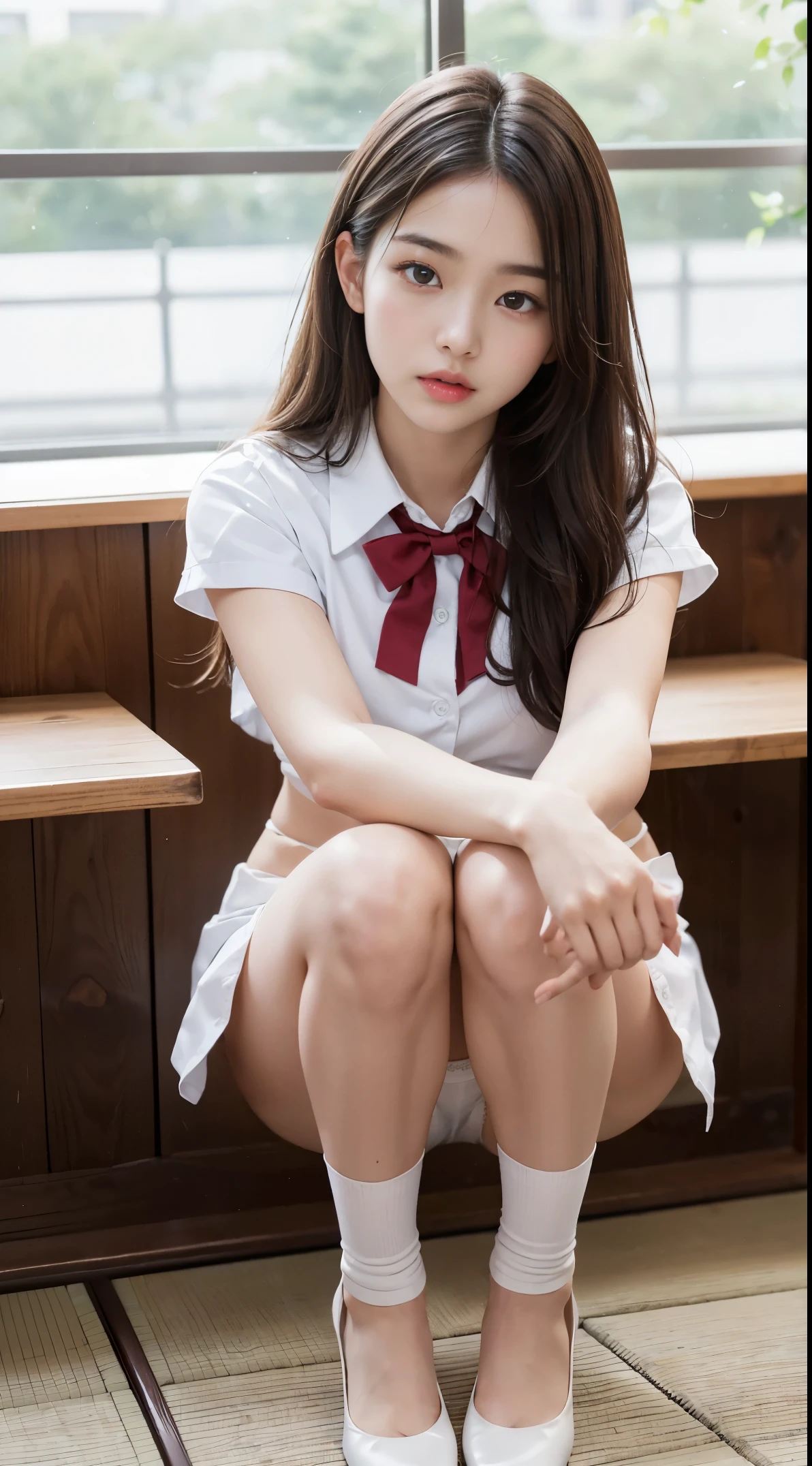 Put your hands on your knees、((White panties are visible))、(Squatting panty shots)、二重まぶた、Perfect fingers、perfectly proportions、Colossal tits、eye lashes、heels on the ground、Beautiful delicate eyes very detailed、hight resolution、Transcendent beauty、top-quality、masterpiece、((Japanese girls' high school uniform))、Very detailed expression、School Classroom、Highly detailed appearance、a 18 year old girl、Front-facing、(((dynamicposes)))、((Sitting on legs with bent knees))、Sexy upper eyes、low angles、(((White panties are visible)))、M-shaped leg pose