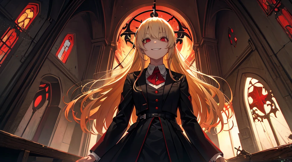 (sister, blonde hair, red eyes, creepy smile), (abandoned church, red moon outside the window)