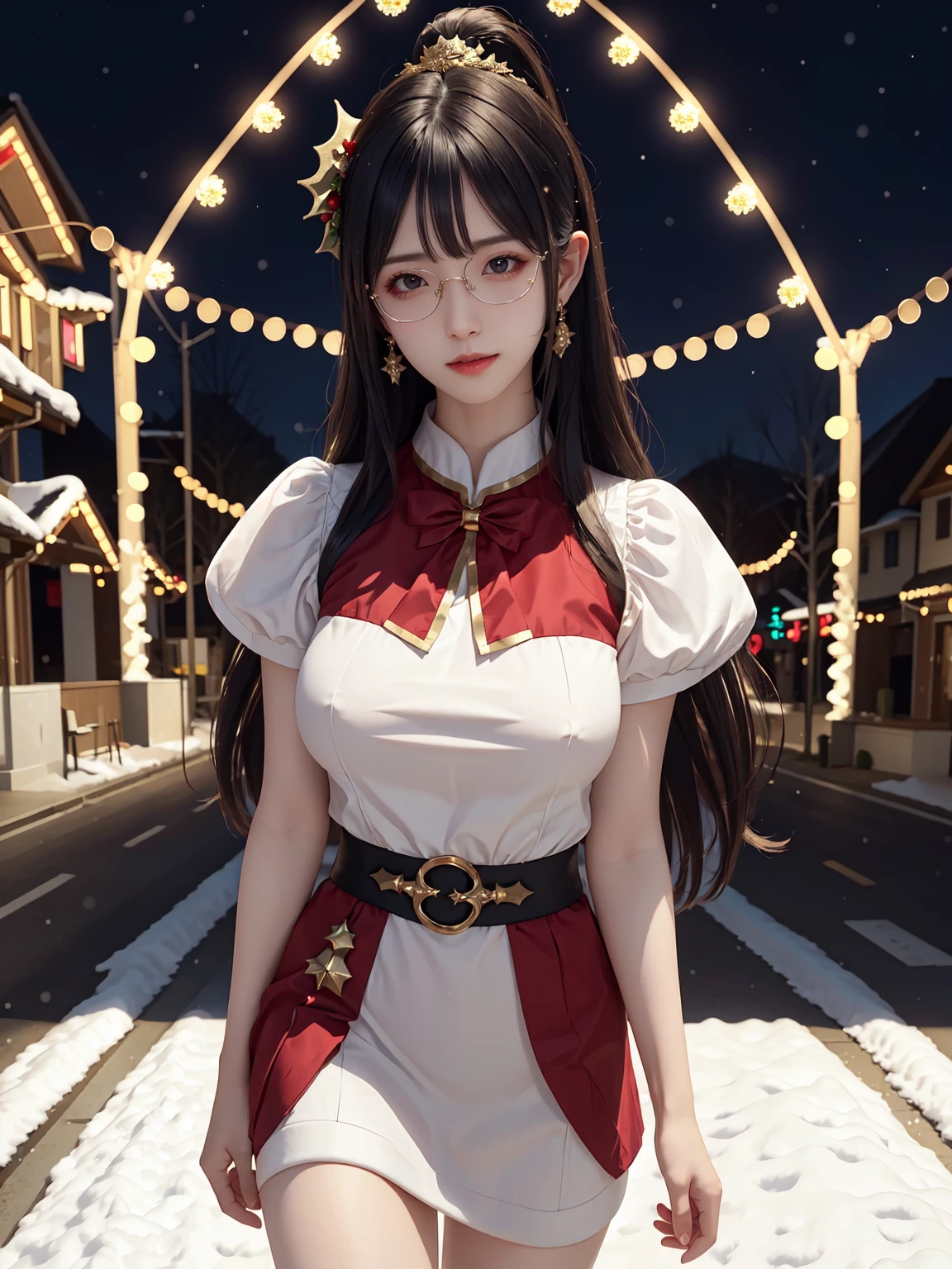 (masterpiece:1.3), live wallpaper, top-quality, Beautifully Aesthetic:1.2, ((1 girl)), solo, (red and white colors christmas uniform, shirt, long skirt), (black brown Hair, Straight hair, short hair), detailed face, detailed eyes, detailed ears, detailed lips, ((eye-glasses)), (perfect body (firm breast, nicely shaped breasts, slender figure)), (arms behind back), (Upper body shot:1.1), (From front:1.3), (Looking at viewer, smiling), (elegant stylish contraposto pose:1.2), (walking on the modern street at Christmas night with snow:1.3), christmas night, christmas tree, christmas gifts, snow, ((At the middle of christmas celebration decorated for christmas :1.2)), intricate background, ultra realistic background