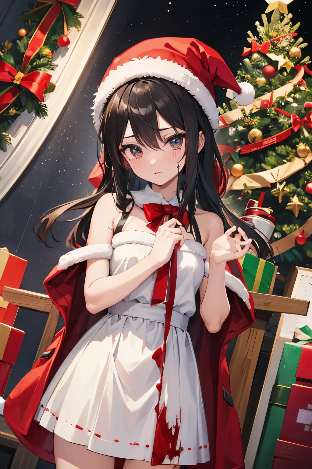 cute boy, christmas hat, blood tears from eyes, christmas tree, sculpture of crucified jesus