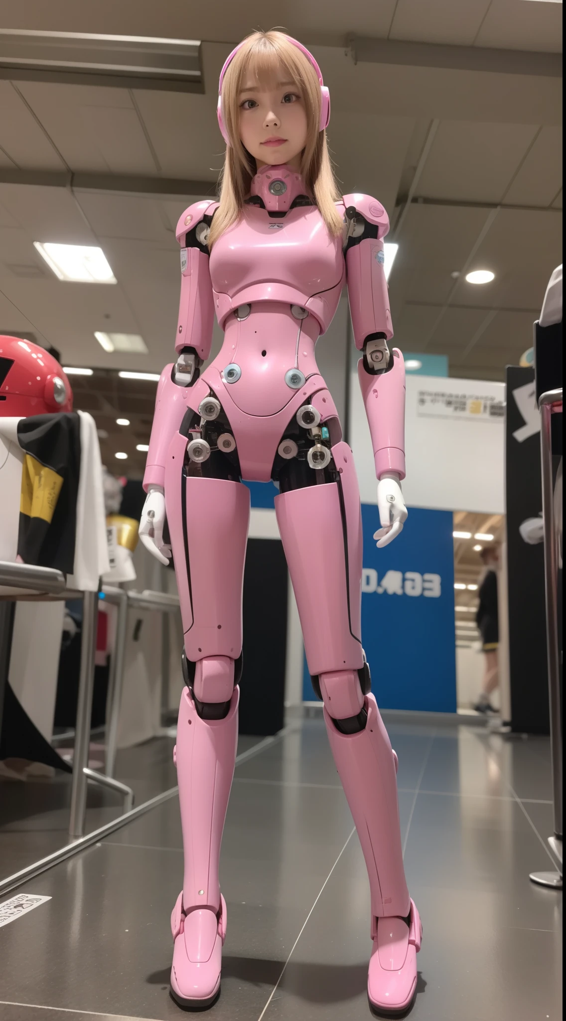 Robot Girl, pink there, Silver, Metallic body, Robot Parts, Metal Parts, Super Detailed Face, Super well-formed face, of the highest quality, a small face, a small head, Brown hair, Slender body, Camera gaze, Internal Mechanical Exposure, Idol, front facing, Well-proportioned body, sale, Exhibited, Event Hall, Moe Pose, Standing with legs open, Model body type, sad, Embarrassing,(Perfect Robot Girl),(Perfect machine body)
