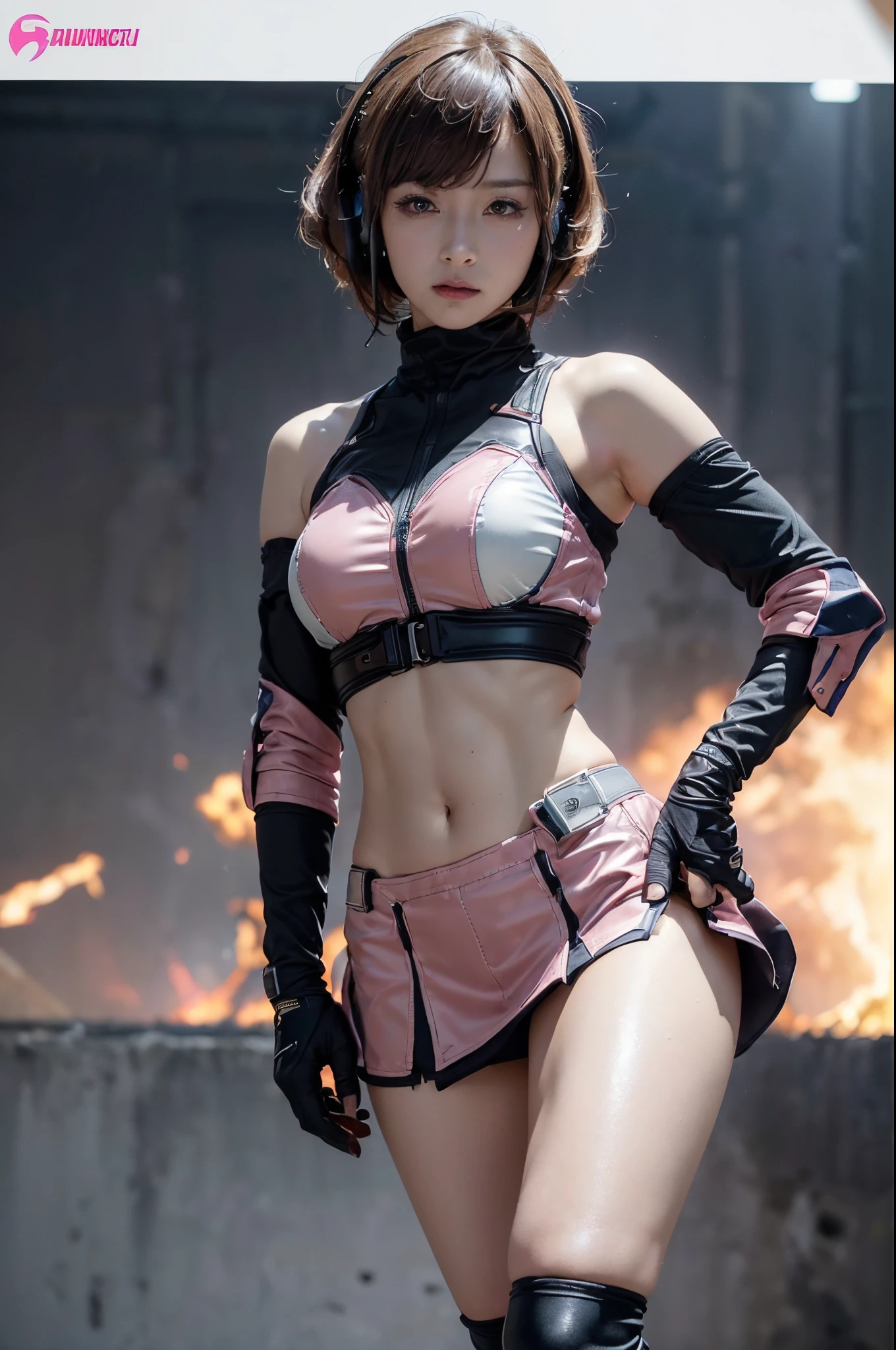 (Top Quality, Ultra High Definition, Photorealistic:1.4), (cowboy shot:1), 1 Beautiful Armed Girl, (Kpop Idol), Detailed Face, (Hair Style: Pink:1, fullbang, shortbob-style:1), Contrapposto, Perfect Anatomy, , Professional Lighting, ((wearing Futuristic Police Racing Suits, low-mini-skirt, police wappen, High-tech Headset, military waist gun-holder, racing gloves, transceiver, handgun)), (Cloths colors based on silver pink black white), (background, crashed cars, fire, (Explosion)),