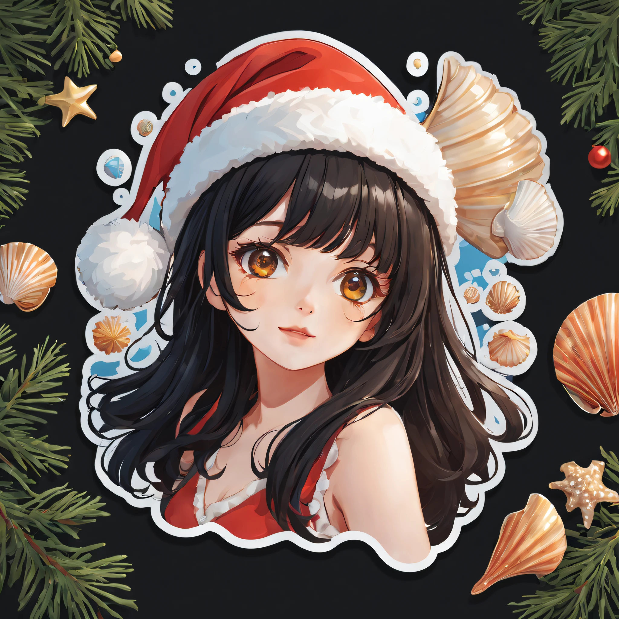 (One sticker,),(3D cartoon santa hat girl),glossy black hair,Slim, ellegance, shells around, There is also a touch of mystery.(on a circular background), (Christmas border)，, ultra - detailed, Detailed illustration, vectorized, 8K, 专业One sticker设计, Graphic design, vector lines, One sticker, Full-HD