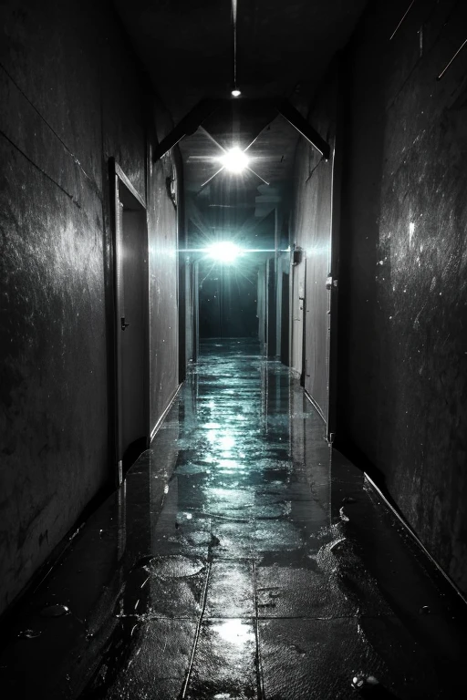 Uma janela de vidro aberta no final de um corredor de casa. It rains outside. A chuva entra pela janela. The puddle of water, on floor, forma um "V".  Monochrome watercolor style (tons de cinza) e bico de pena com nanquim. sem humanos na imagem.