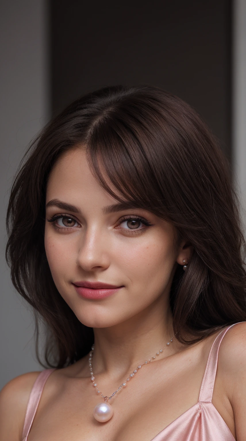 1mujer, (realista:0.75), brown hair, Cabello largo, ojos negros, feliz, de asuka evangelion, big breast, realistic pearl skin, pearl jewellery, dark jet pink lipstick, pink silk drees, ultra realistic skin texture, shy, blushing, smile, breathtaking, many eye lashes, realistic eye brows, hot pose, lovely look, depth of field,