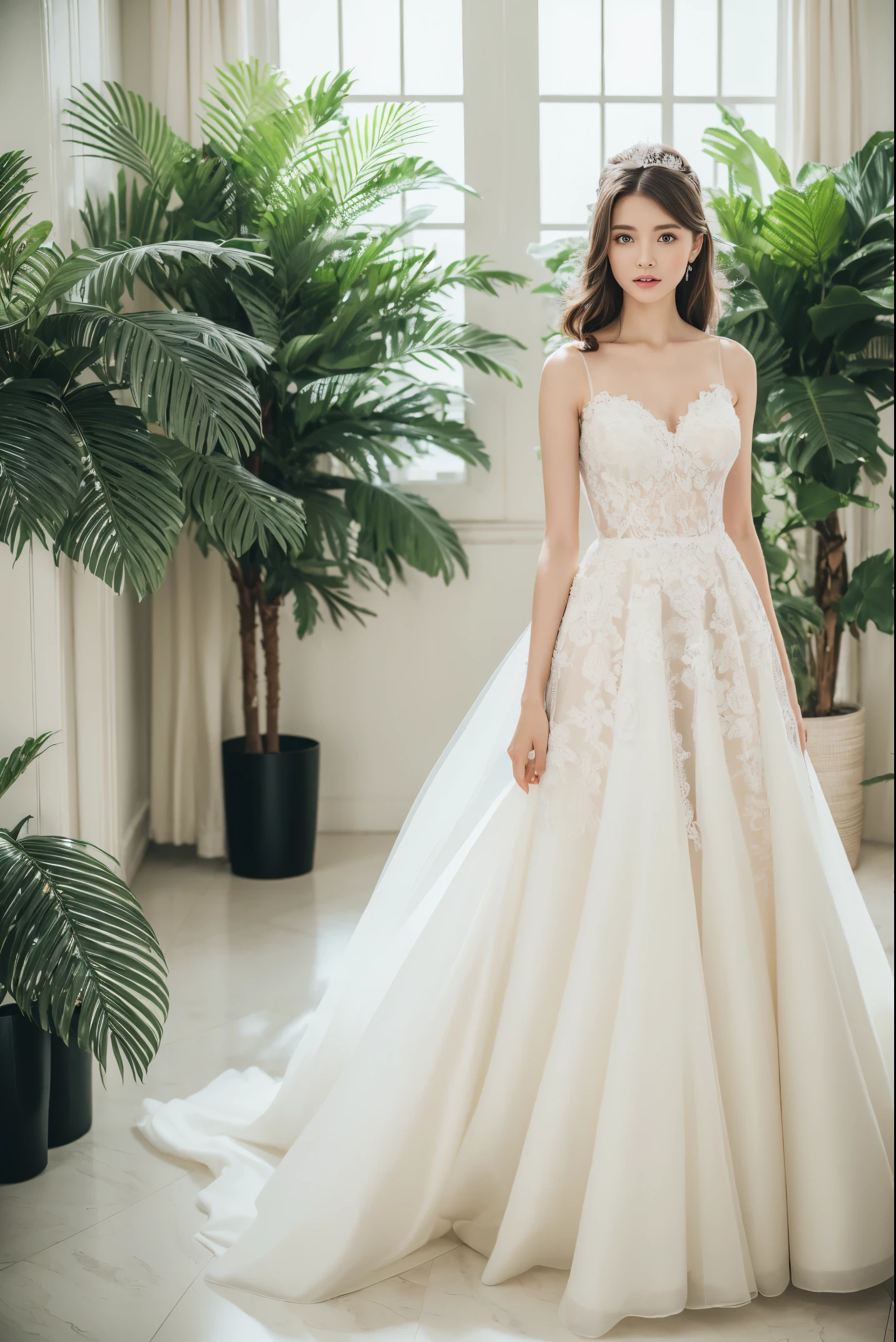 (full body photo), Best quality, 8k, 32k, Masterpiece, Masterpiece, (Photorealistic: 1.4), RAW photo, ultra realistic, 1girl, stand upright, wearing a white ballgown wedding dress, floor-length, lace fabric, Take product photos in white room with indoor decorative palm tree,
