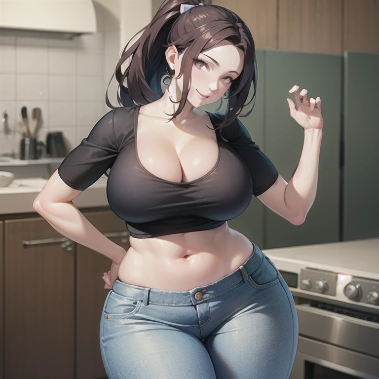 masterpiece, best quality, (realistic), 1girl, solo, mature female, milf, motherly, forehead, older, 46yo, huge breasts, narrow waist, wide hips, curvy, wide hips, (straight hair, long hair, high ponytail, dark hair, dark eyes, black t-shirt, cleavage, short sleeves, jeans, denim), standing, hands on hips, looking at viewer, smile, kitchen