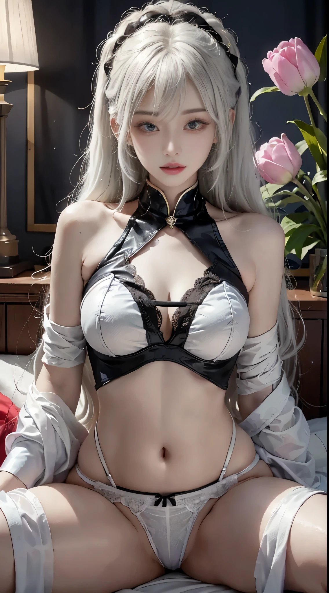 tulips，White-haired woman in gouves style，Fan Qi，Yang Jian，Epic amazing character art，Belle peinture de personnage，Close-up of artwork，Pixiv Aregant Gurwitz Belt，Purple underwear，the underwear is transparent，，tattoo is，The eyes are so pitiful，lower body focus，Ribbons and silks，ssmile，bite lips，spread your legs，There is a lot of sweat on the body，plum：3.0）