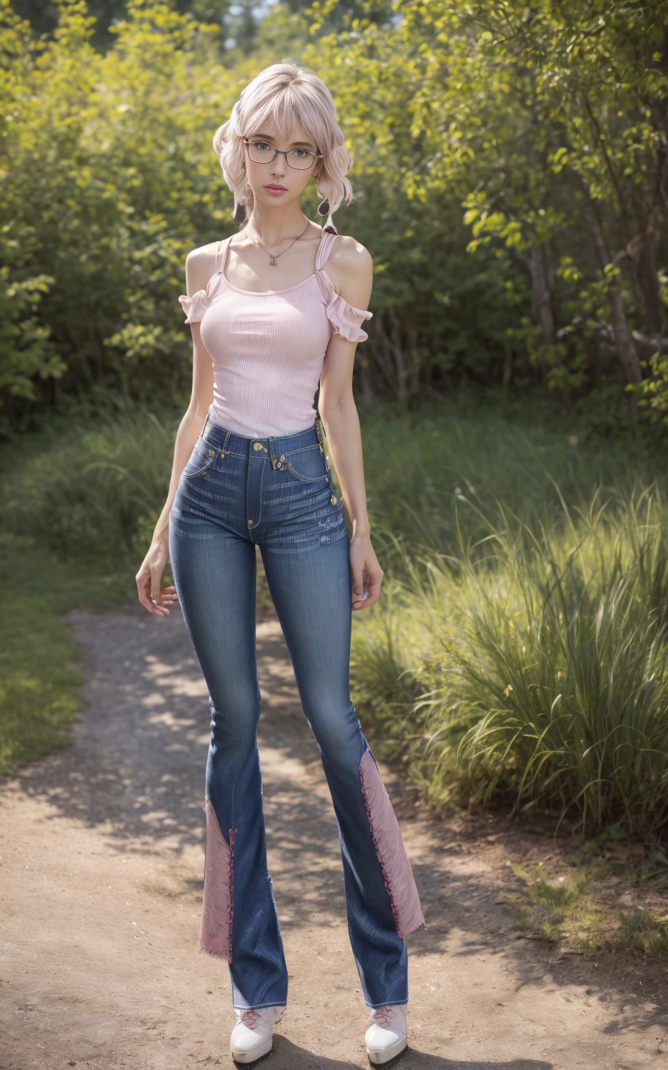 (8K, Masterpiece, RAW photo, Best quality, detail:1.3), (ultra realistic Natural background, scenary:1.5), Depth of field, Cinematic light, (ultra realistic face), (1 picture of 1 solo girl Airim Jones:1.6), 1girl, (Beautiful and elegant Russian girl), (skinny girl with glasses), (European face:1.3), (perfect complete full body:1.6), (full body shot including shoes:1.6), (small necklace, collarbone:1.1), ( [bangs|pigtails|bob|pixie] hair:1.5), (ultra detailed skin:1.4), (sexy [white|pink] top:1.5), (Bootcut Jeans:1.6), (perfect standing pose:1.5), (perfect long legs:1.4)