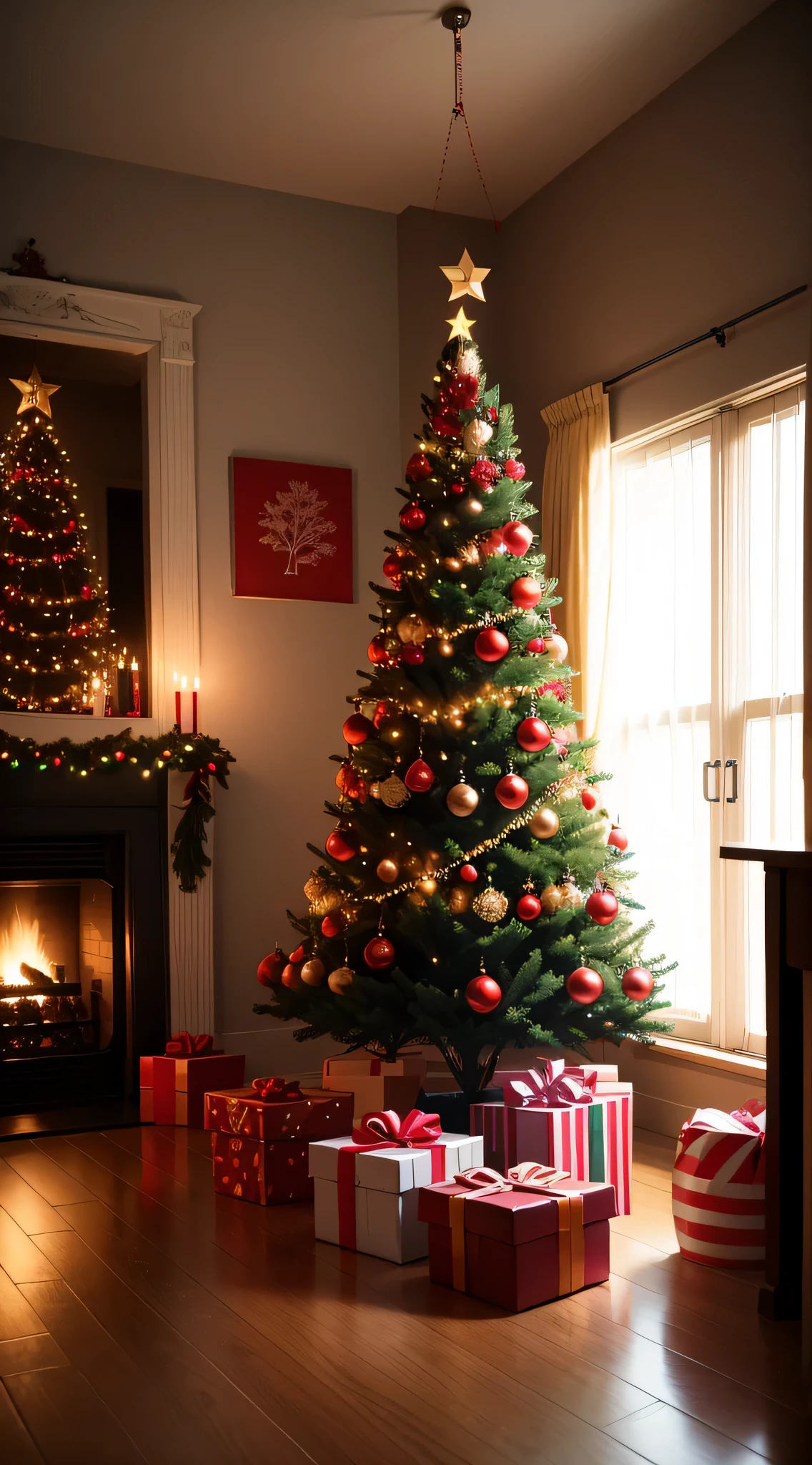 Christmas tree,liveroom,木板地上摆放Gift box,fireplace in the middle,Add decor around the fireplace,Gift box,Red tights,photosphere,Red balloons,arranged on the fireplace,Interior layout,Christmas style,decor,a sense of atmosphere,Streamer blanket,wooden chair,Very high resolution,adddetail,lens flare glow