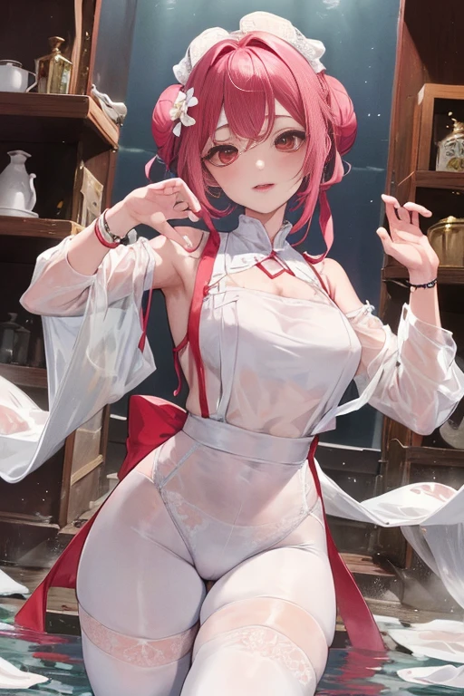 tmasterpiece、Need、1female、Ancient style China、 White cloth bun bun bun、Shoulder leakage、The chest is large、chubbiness、ssmile、White suspender tights、lace leggings、pale pink lip、hot springs,Pose in the water,(drenched all over the body),legs are open, 独奏, White polo shirt, Open clothes,White lace underwear,looking at viewert, A high resolution,(Thigh thick:1.0),,ultra - detailed,tmasterpiece,Best quality at best,Yazawa Nico,red eyes, face flushed,Blunt hair,both hands on hip,greet,Flower headdress,dance