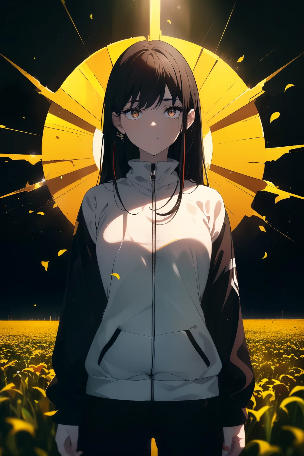 ((((Obra maestra, La mejor calidad, ultrahigh resolution)))), 1girl, standing, (((wearing a black tracksuit))), (long black hair in view, in frame), pale skin, ((brown eyes)), (glowing_eyes, luminescent eyes), (ultra detailed eyes:0.7, beautiful and detailed face, detailed eyes:0.9, a beauty mark under eye:1), ((centered)), smile, ((wide shot)), facing viewer, (((vibrant background of outdoors, field of flowers, bright lighting, summer, sunlight))), flat chested, looking at viewer, ((perfect hands)), ((head:1, hips, elbows, arms, in view)), ((hands behind back)), beautiful lighting, defined subject, (18 years old), ((cool looking)), ((sun glare))
