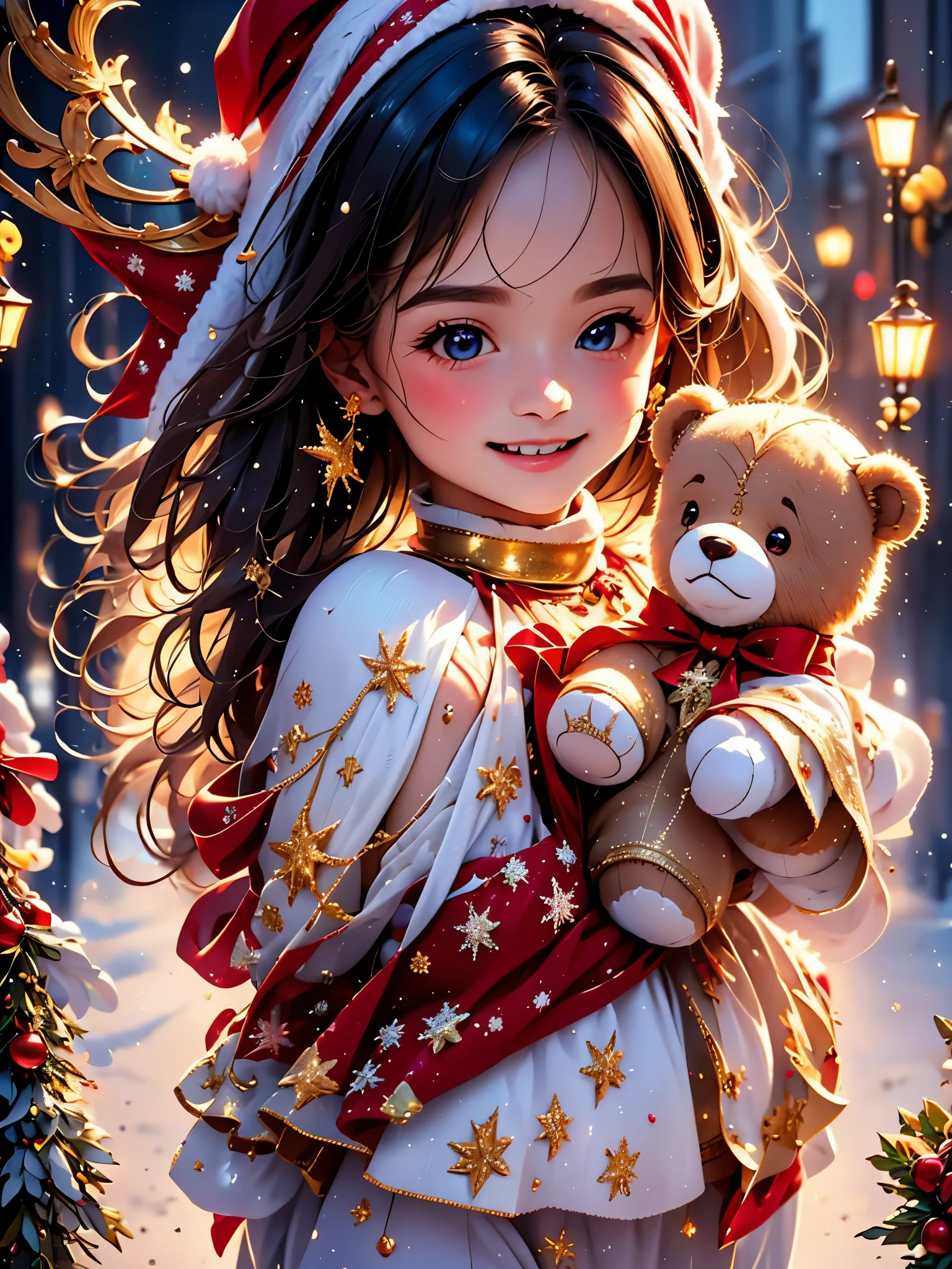 (high quality,4k,8k,highres,masterpiece:1.2),ultra-detailed,(realistic,photorealistic,photo-realistic:1.37),vibrant colors,girl,Christmas gift,excited expression,sparkling eyes,joyful laughter,golden wrapping paper,warm ambient lighting,festive decorations,fluffy teddy bear,decorated Christmas tree,red-and-white striped candy cane,snowy window scene,curious expression,magical atmosphere,holiday spirit,childish wonder,happy anticipation,golden ribbons,bow,beautifully decorated gift box,sparkling snowflakes,fairy lights,cosy and warm room,innocent curiosity,flickering candlelight,soft teddy bear fur,playful patterns on wrapping paper,delightful surprise,gleaming ornaments,shimmering tinsel,red velvet ribbon,delicate snowflakes,sculpted chocolate,smiling face,happy memories,special moment,family love,joyful celebration,Christmas magic,childhood happiness,cherished gift,spark of joy.