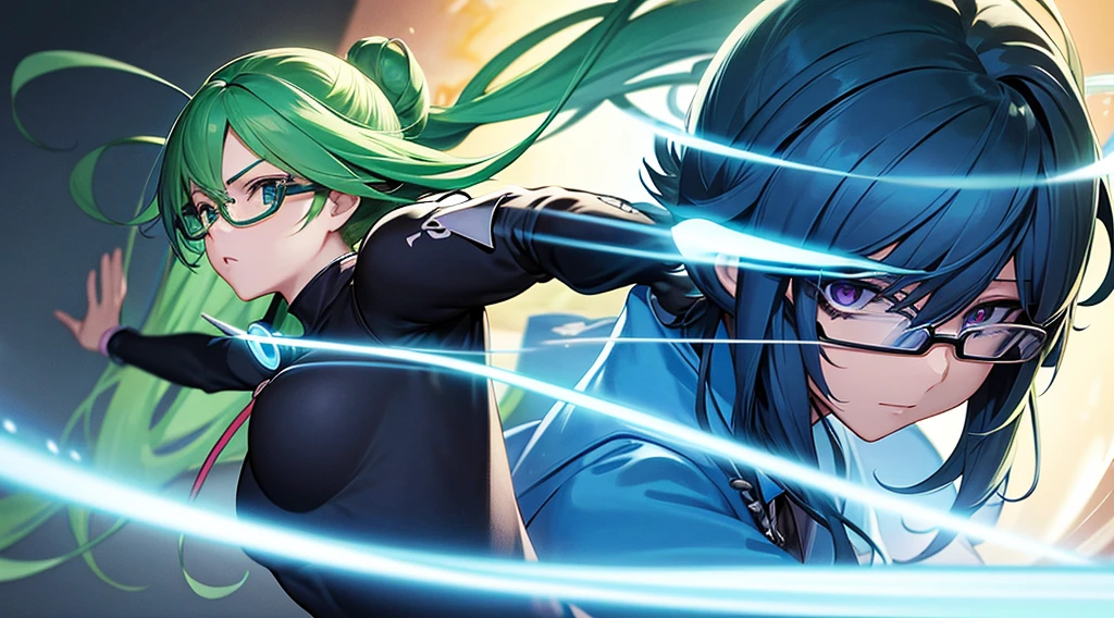 2D Anime、Cel painting、cyberpunked、The whole is blue-green、1Man Woman、Wearing glasses、Doya face、Draw eyes in detail、draw the hand in detail
