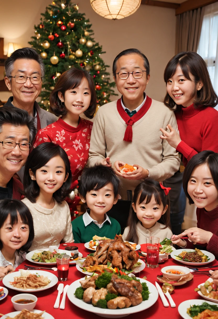 Japanese family Christmas party, (tmasterpiece), Detailed pubic hair, Happy family, dinner, liveroom