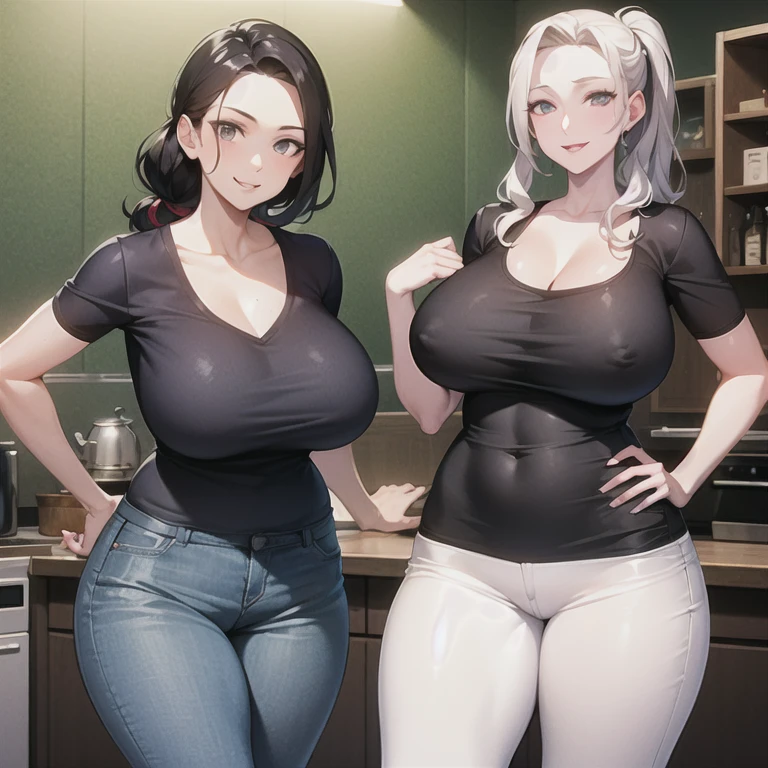 masterpiece, best quality, (realistic), 1girl, solo, mature female, milf, motherly, forehead, older, 49yo, , narrow waist, wide , curvy, wide , (straight hair, long hair, high ponytail, dark hair, dark eyes, black t-shirt, cleavage, short sleeves, jeans, denim), standing, hands on , looking at viewer, smile, kitchen