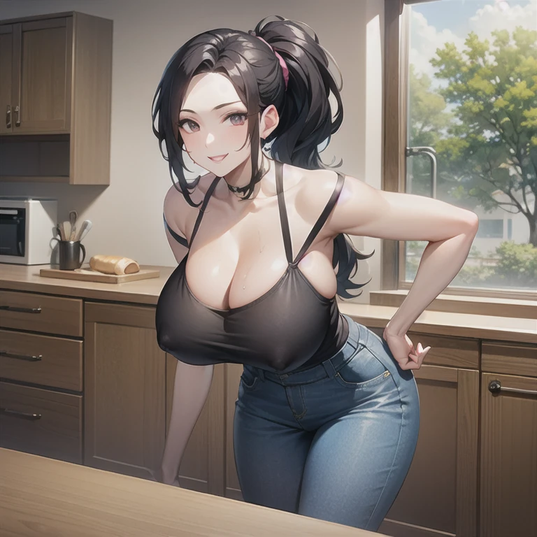masterpiece, best quality, (realistic), 1girl, solo, mature female, milf, motherly, forehead, older, 50yo, huge breasts, narrow waist, wide hips, curvy, wide hips, (straight hair, long hair, high ponytail, dark hair, dark eyes, black t-shirt, cleavage, short sleeves, jeans, denim), standing, hands on hips, looking at viewer, smile, kitchen