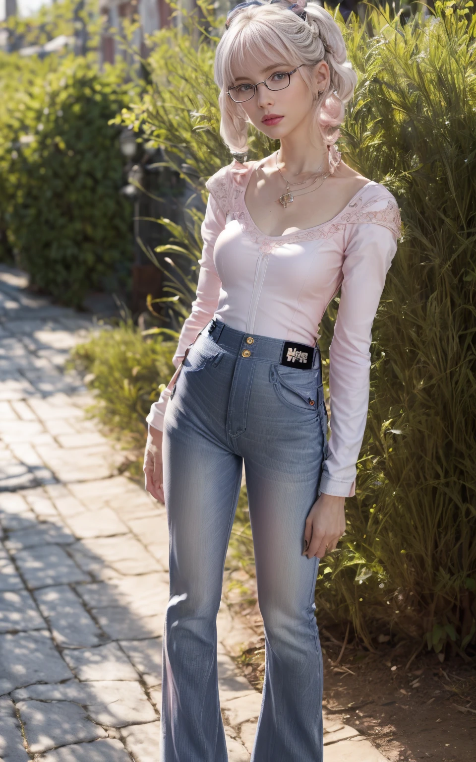 (8K, Masterpiece, RAW photo, Best quality, detail:1.3), (ultra realistic Natural background, scenary:1.5), Depth of field, Cinematic light, (ultra realistic face), (1 picture of 1 solo girl Airim Jones:1.6), 1girl, (Beautiful and elegant Russian girl), (skinny girl with glasses), (European face:1.3), (perfect complete full body:1.6), (full body shot including shoes:1.6), (small necklace, collarbone:1.1), ( [bangs|pigtails|bob|pixie] hair:1.5), (ultra detailed skin:1.4), (sexy [white|pink] top:1.6), (Boyfriend Blue Jeans:1.6), (perfect standing pose:1.5), (perfect long legs:1.4)