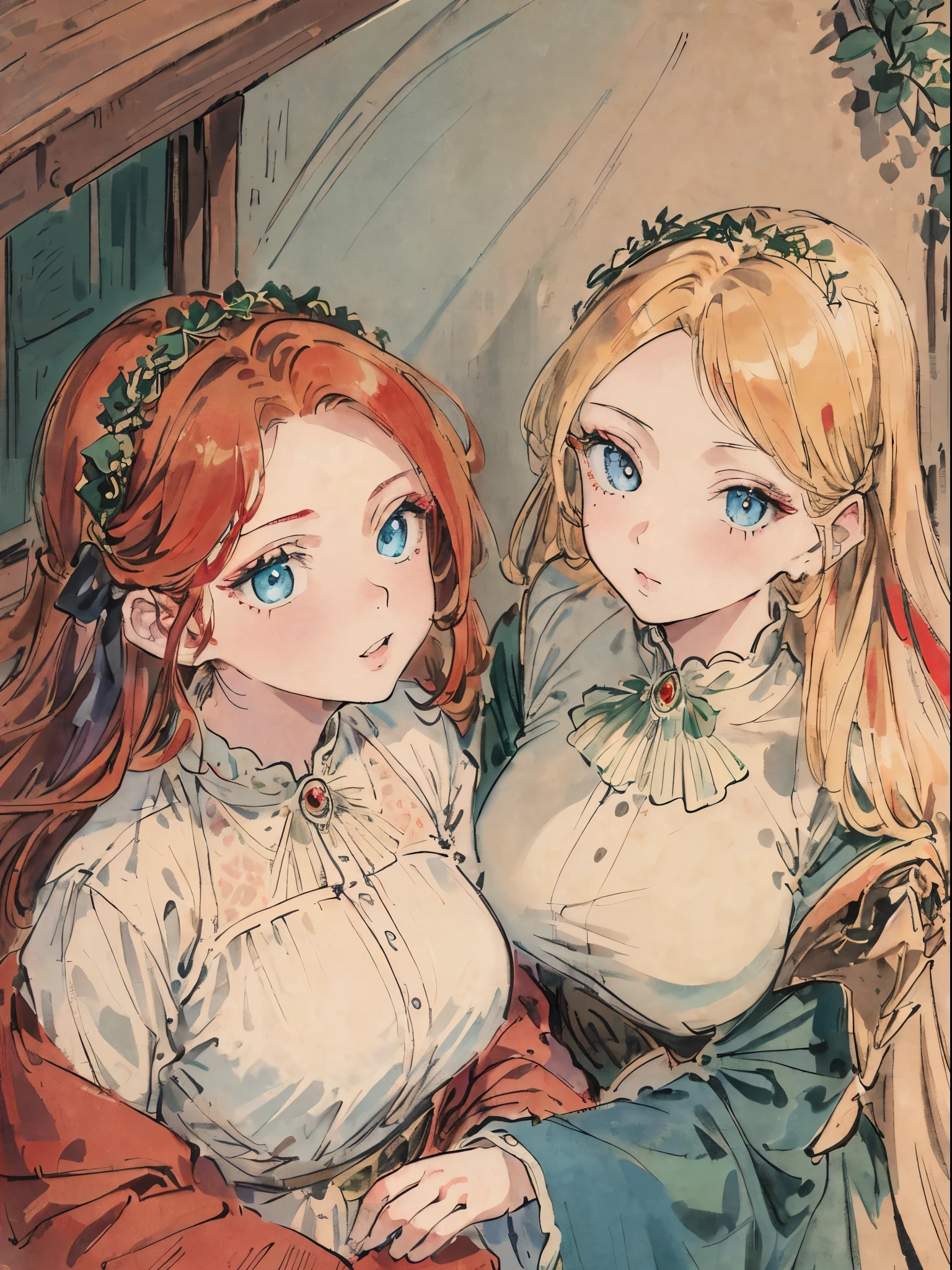 masterpiece, best quality, an extremely delicate and beautiful girl,an extremely delicate and beautiful, world masterpiece theater, ultra-detailed, highly detailed, best quality, red hair, highres, extremely detailed,2 girl, best quality, illustration, looking at viewer, impasto, canvas, oil painting, realistic, realist ,real, Green eyes, In castle, , vintage outfit. Two girl. (One girl blonde hair blue eyes,) (one girl red hair, green eyes)