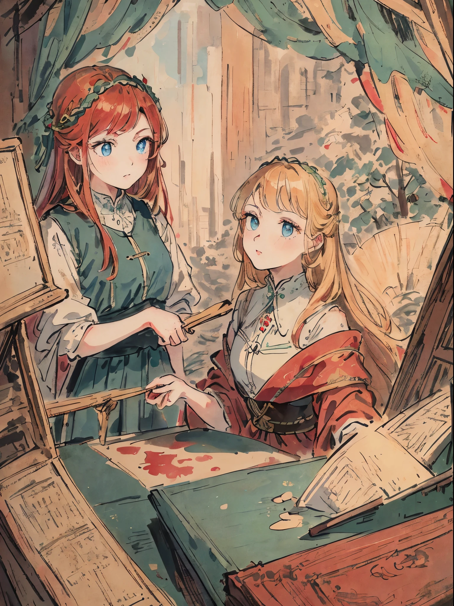 masterpiece, best quality, an extremely delicate and beautiful girl,an extremely delicate and beautiful, world masterpiece theater, ultra-detailed, highly detailed, best quality, red hair, highres, extremely detailed,2 girl, best quality, illustration, looking at viewer, impasto, canvas, oil painting, realistic, realist ,real, Green eyes, In castle, , vintage outfit.  Two girl. (One girl blonde hair blue eyes,) (one girl red hair, green eyes)