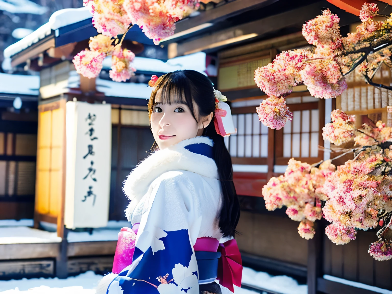 Scenery of the shrine、New Year、First visit、1 moon、Cold days、There&#39;There&#39;s a little snow left、Top resolution 、superlative degree、A Japanese style、Vivid、colourfull、hiquality、jpn、colourfullなKimono、Kimono、Sunny Clothes、ear ornament、wearing a white fur muffler、Unclear、