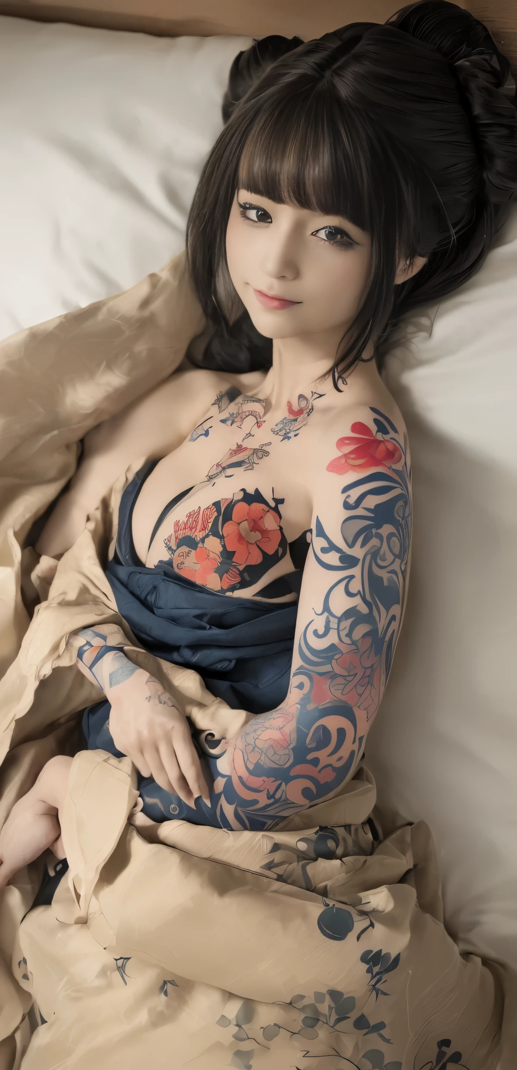((Best quality at best, 8K, tmasterpiece :1.3)), Focus sharp :1.2, (( :1.8)), (((A beautiful geisha in a kimono. Bare shoulders. Tattooed)), Go to bed. hug affectionately. Wrapped in a blanket ((Go to bed on the mattress)). °Half body photo° Tattooed skin texture. Tattooed hands. Tattooed neck_Detailed texture of the face. And the eyes. 二重まぶた.mix4, 20 days,hyper realisitc:1.37),16K HD,