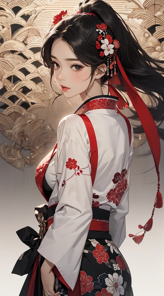 ((8k wallpaper of extremely detailed CG unit, ​masterpiece, hight resolution, top-quality, top-qualityのリアルテクスチャスキン)), (a very beautiful woman, Seductive look, Plump lips, The upper part of the body, Hands in pockets:1.5, Japanese pattern micro mini shorts:1.2, Japanese pattern haori:1.2, Clothes that are a fusion of Japanese and modern:1.2), (A dark-haired, hair messy, de pele branca, small tit), ((Colorful background with geometric patterns, Japanese pattern background, warm color)), (Composition from the side, hyper realisitic, digitial painting),