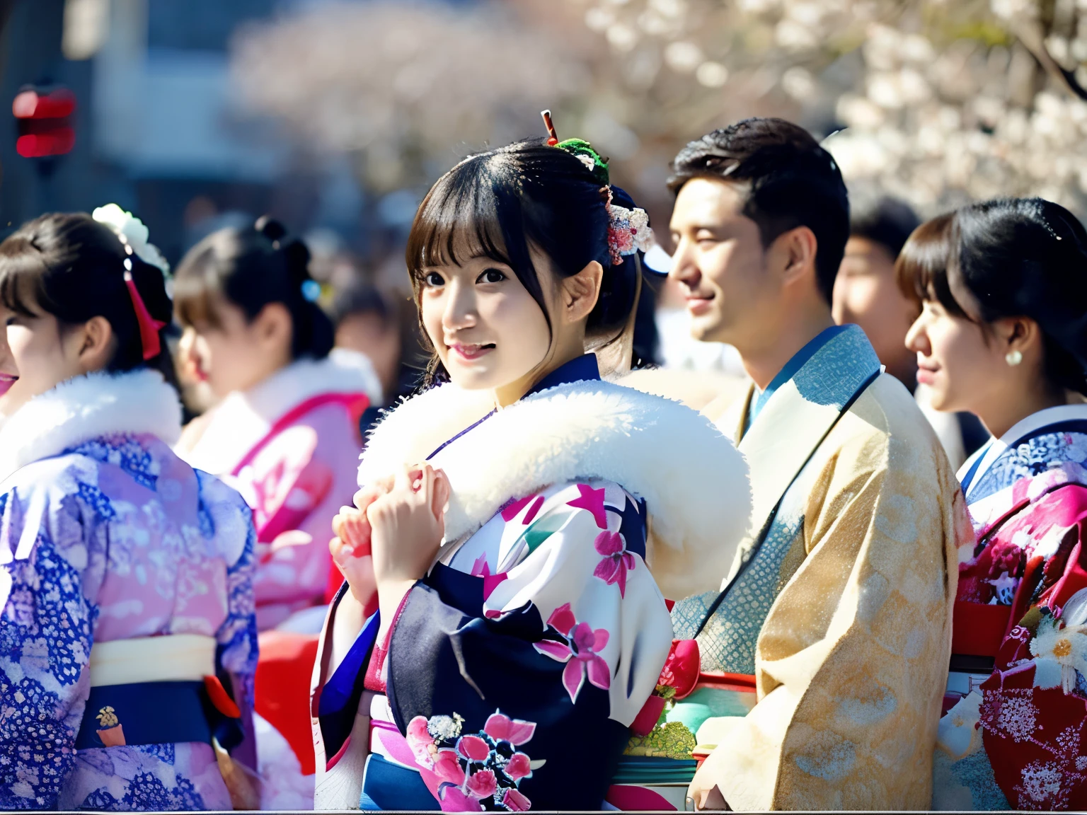 Scenery of the shrine、New Year、Initial、1 moon、Get lost in the crowd、Cold days、There'There'There's a little snow left、Top resolution 、superlative degree、A Japanese style、Vivid、colourfull、hiquality、jpn、colourfullなKimono、Kimono、Sunny Clothes、ear ornament、wearing a white fur muffler、Unclear、