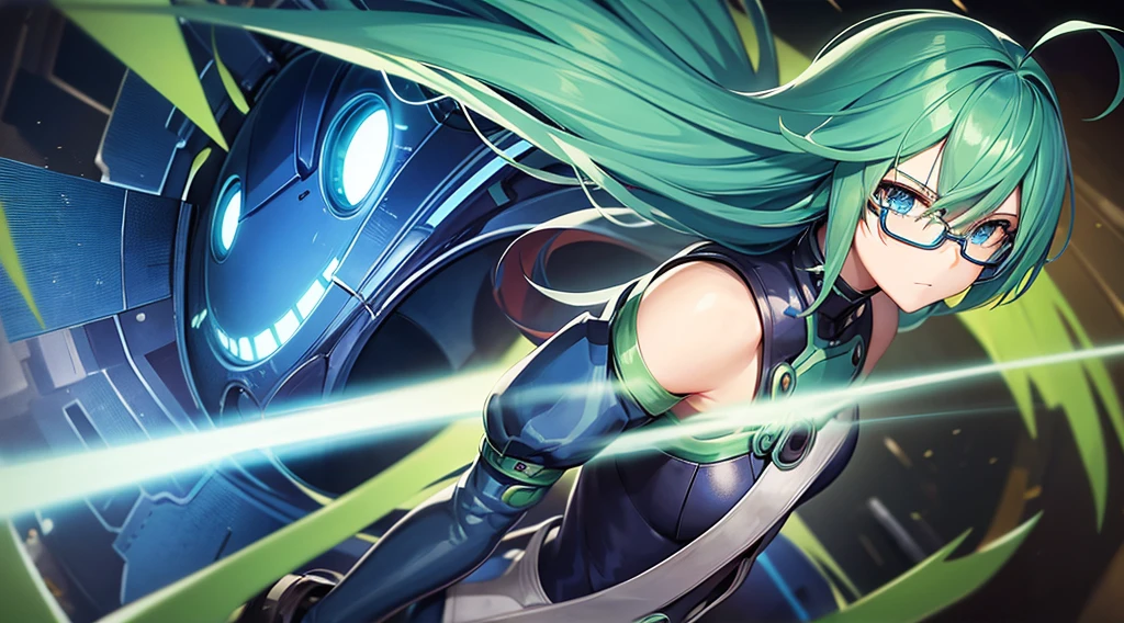 2D Anime、Cel painting、cyberpunked、The entire body emits blue-green light.、1Man Woman、Eyes are hidden by hair、Wearing glasses、Doya face、Draw eyes in detail、draw the hand in detail