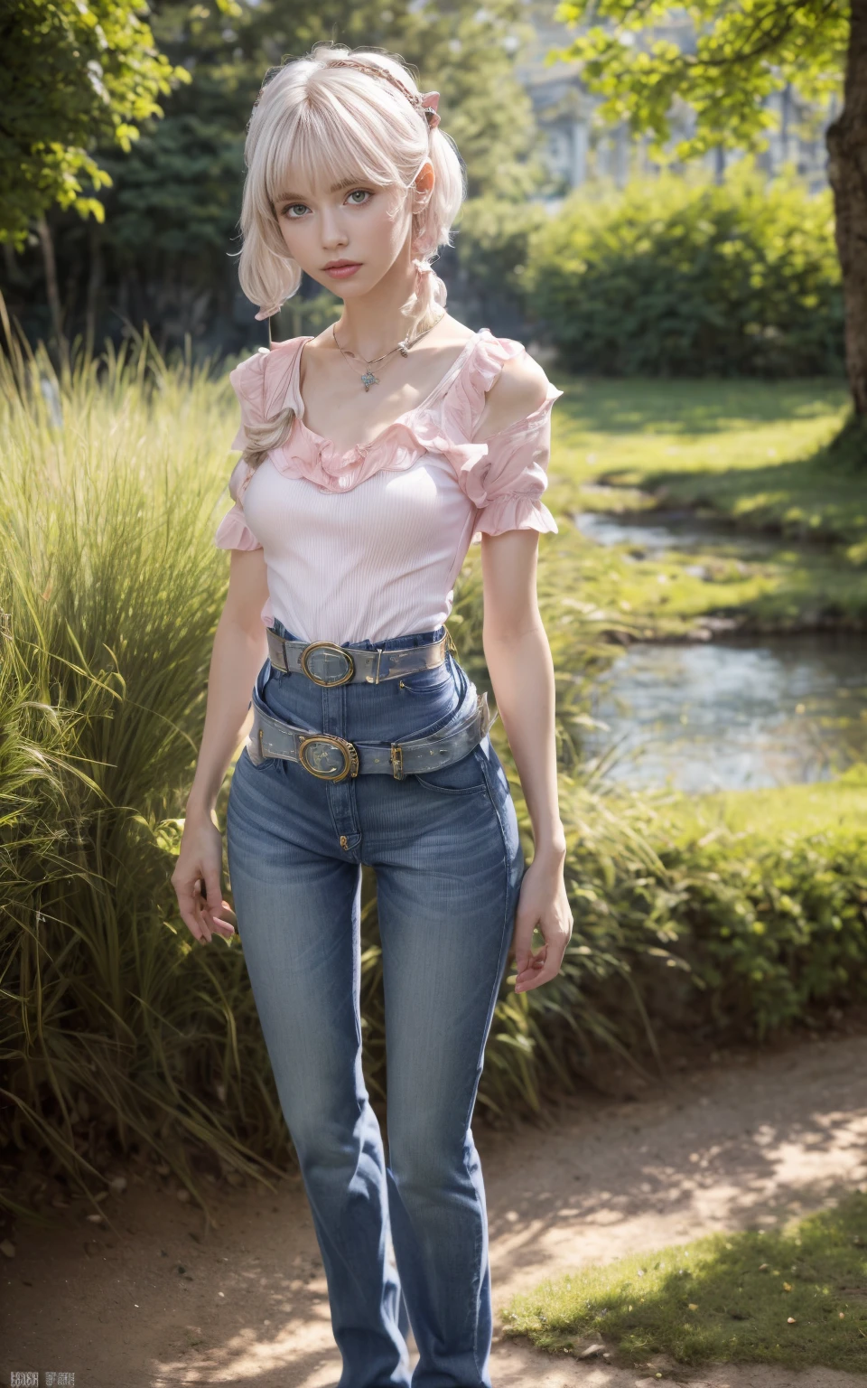 (8K, Masterpiece, RAW photo, Best quality, detail:1.3), (ultra realistic Natural background, scenary:1.5), Depth of field, Cinematic light, (ultra realistic face), (1 picture of 1 solo girl Airim Jones:1.6), 1girl, (Beautiful and elegant Russian girl), (skinny girl with glasses), (European face:1.3), (perfect complete full body:1.6), (full body shot including shoes:1.6), (small necklace, collarbone:1.1), ( [bangs|pigtails|bob|pixie] hair:1.5), (ultra detailed skin:1.4), (sexy [white|pink] top:1.6), (Button-Fly Blue Jeans:1.6), (perfect standing pose:1.5), (perfect long legs:1.4)