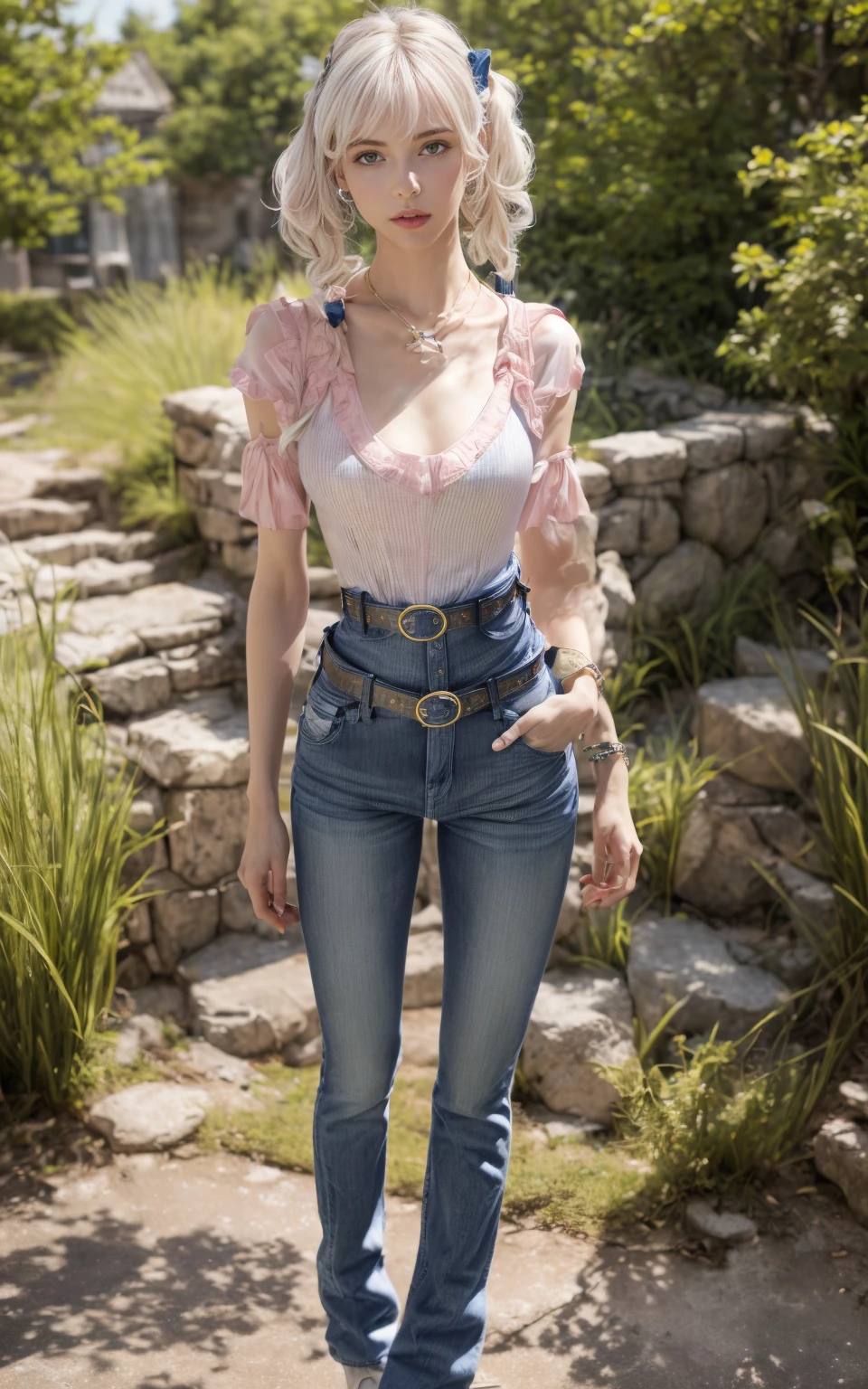 (8K, Masterpiece, RAW photo, Best quality, detail:1.3), (ultra realistic Natural background, scenary:1.5), Depth of field, Cinematic light, (ultra realistic face), (1 picture of 1 solo girl Airim Jones:1.6), 1girl, (Beautiful and elegant Russian girl), (skinny girl with glasses), (European face:1.3), (perfect complete full body:1.6), (full body shot including shoes:1.6), (small necklace, collarbone:1.1), ( [bangs|pigtails|bob|pixie] hair:1.5), (ultra detailed skin:1.4), (sexy [white|pink] top:1.6), (Belted Blue Jeans:1.6), (perfect standing pose:1.5), (perfect long legs:1.4)