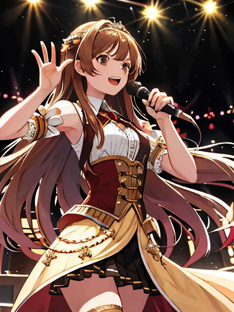Best Quality,queen,hight resolution,Solo,brown,long hair,a beauty girl,Singing on stage,diadems,covered,