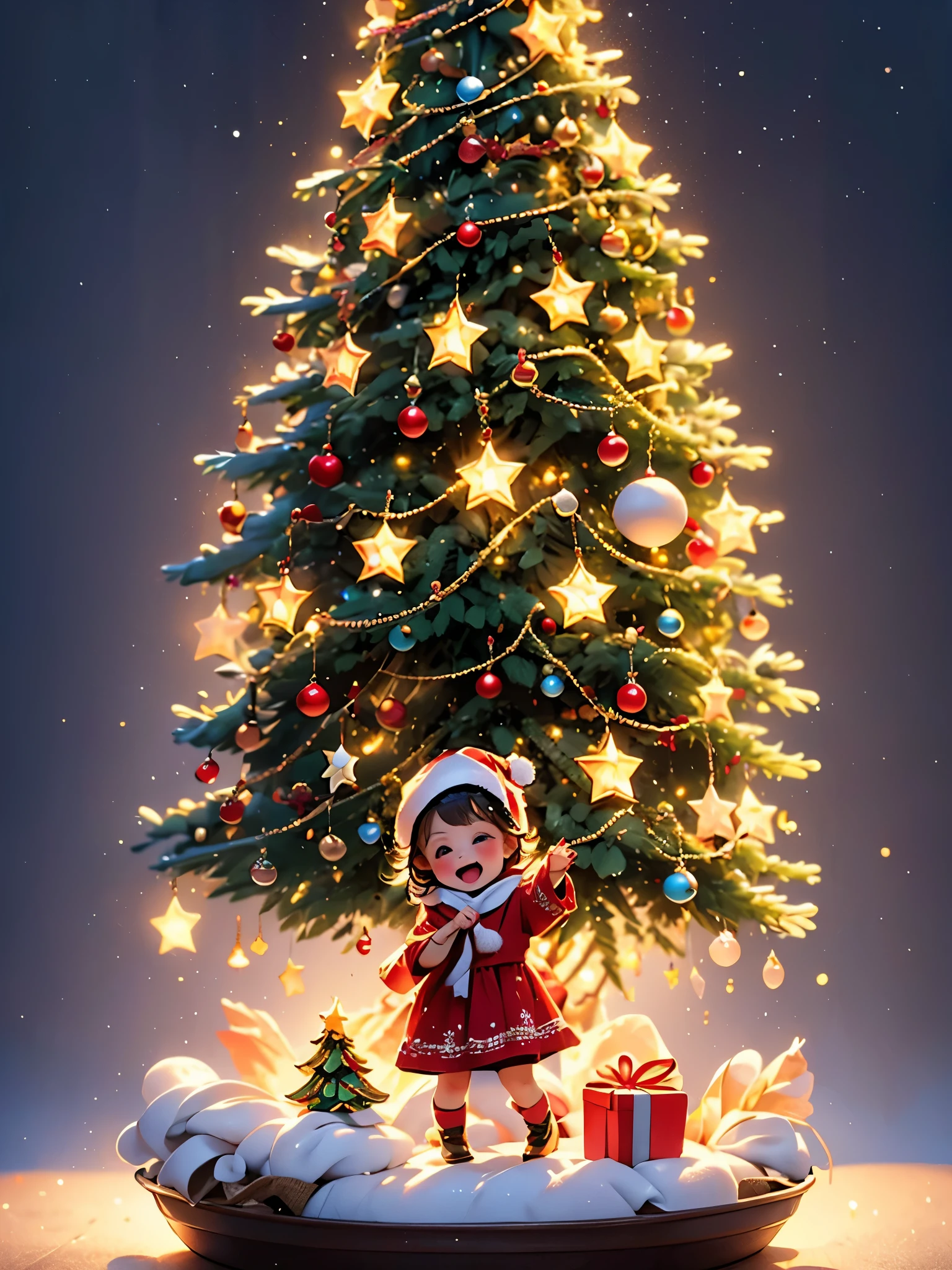 (best quality,4k,highres,masterpiece:1.2),ultra-detailed,cheerful 5--old l,brightly lit,beautifully decorated Christmas tree,wonderfully wrapped gift,joyful expression,detailed hair,festive decor,colorful ornaments,happy atmosphere,warm and cozy room,magical holiday moment,vivid colors,excitement,sparkling lights,believe in wonder,delightful surprise,genuine happiness,childhood innocence,memorable celebration,enchanted ambiance,cute dress,playful spirit,giggles and laughter,twinkling tinsel,adorable anticipation,carefully chosen present,cherished memories,unwrapping with anticipation,spark of joy,holiday magic,candid emotions,heartwarming scene,unconditional love,flickering candlelight,family traditions,celebrating togetherness,priceless joy.