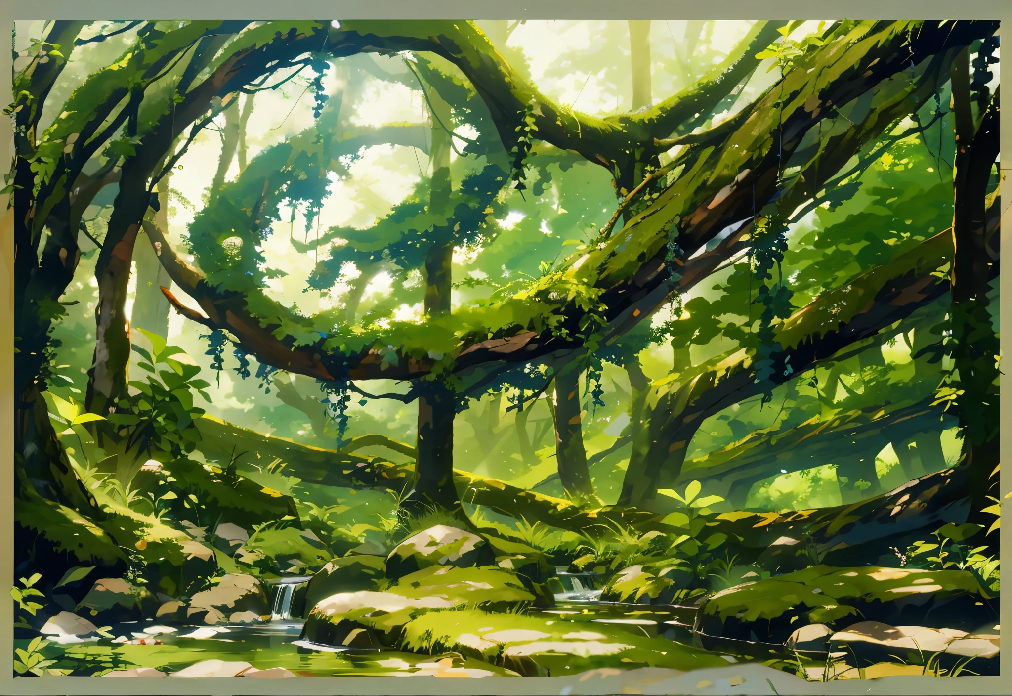 blue-sky白云下的草地杰作, best qualtiy, 8k, ln the forest, 夏天, mid day, rays of sunshine, blue-sky, ssee-through, depth of fields, A high resolution, finedetail, ultra - detailed,((Dense foliage)),Moss on stone,There are a lot of vines hanging down from the branches.,The following elements are highlighted:ln the forest应以平静而清晰的方式描绘,反射rays of sunshine。 The sun should be noticeable,Radiate light in the field。ln the forest周围的环境可能包含自然元素,Such as treelowers or mountains。 Use soft and harmonious colors to convey the tranquility of the scene。 Make sure the image is visually pleasing and conveys a sense of tranquility。